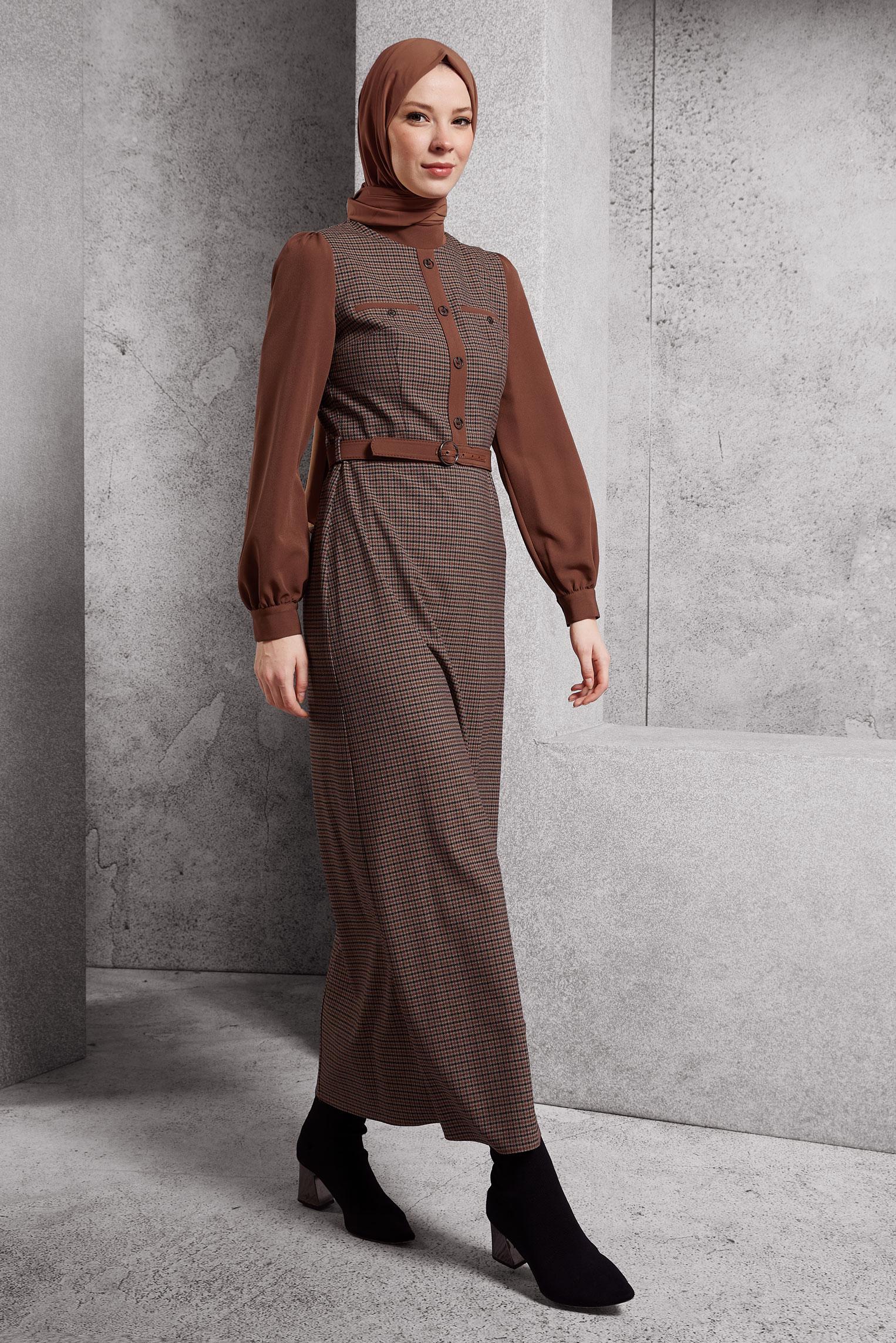 Tesettür giyim TABA KEMERLİ ELBİSE 45190