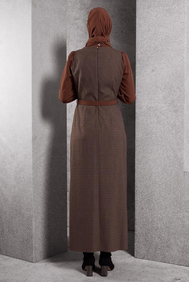 Tesettür giyim TABA KEMERLİ ELBİSE 45190 - ALVİNA