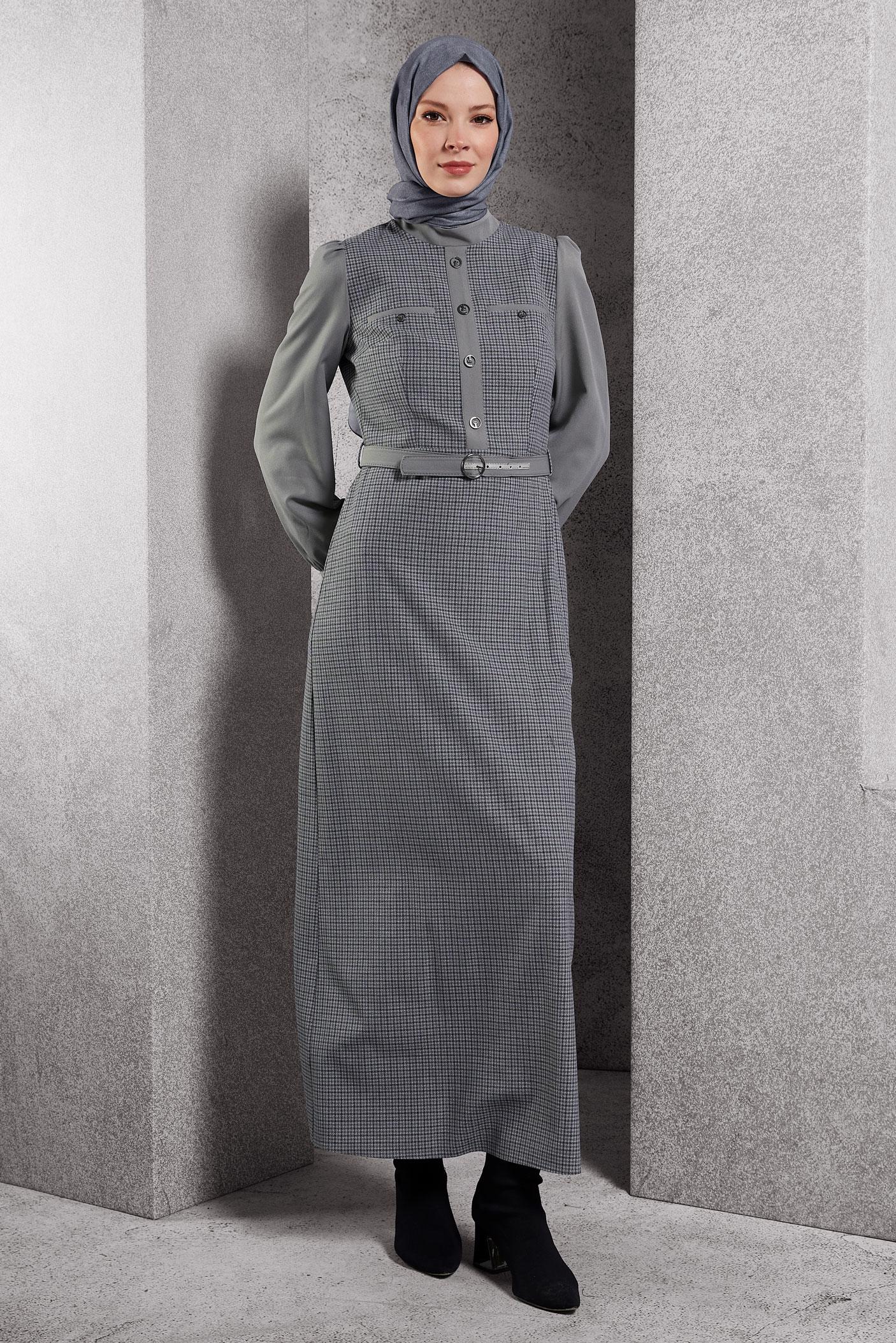 Tesettür giyim GRİ KEMERLİ ELBİSE 45190