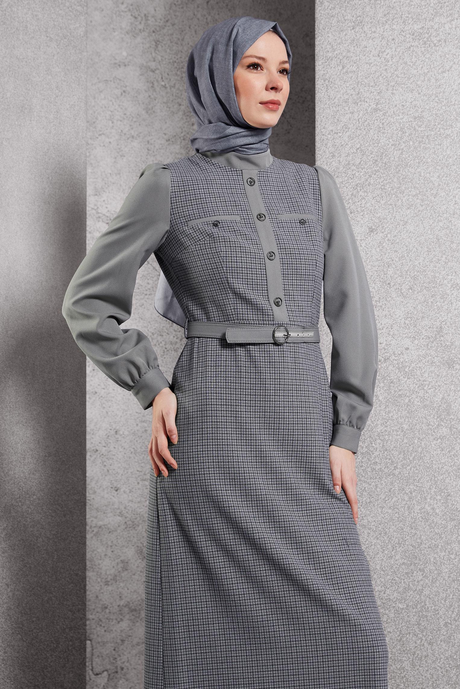 Tesettür giyim GRİ KEMERLİ ELBİSE 45190
