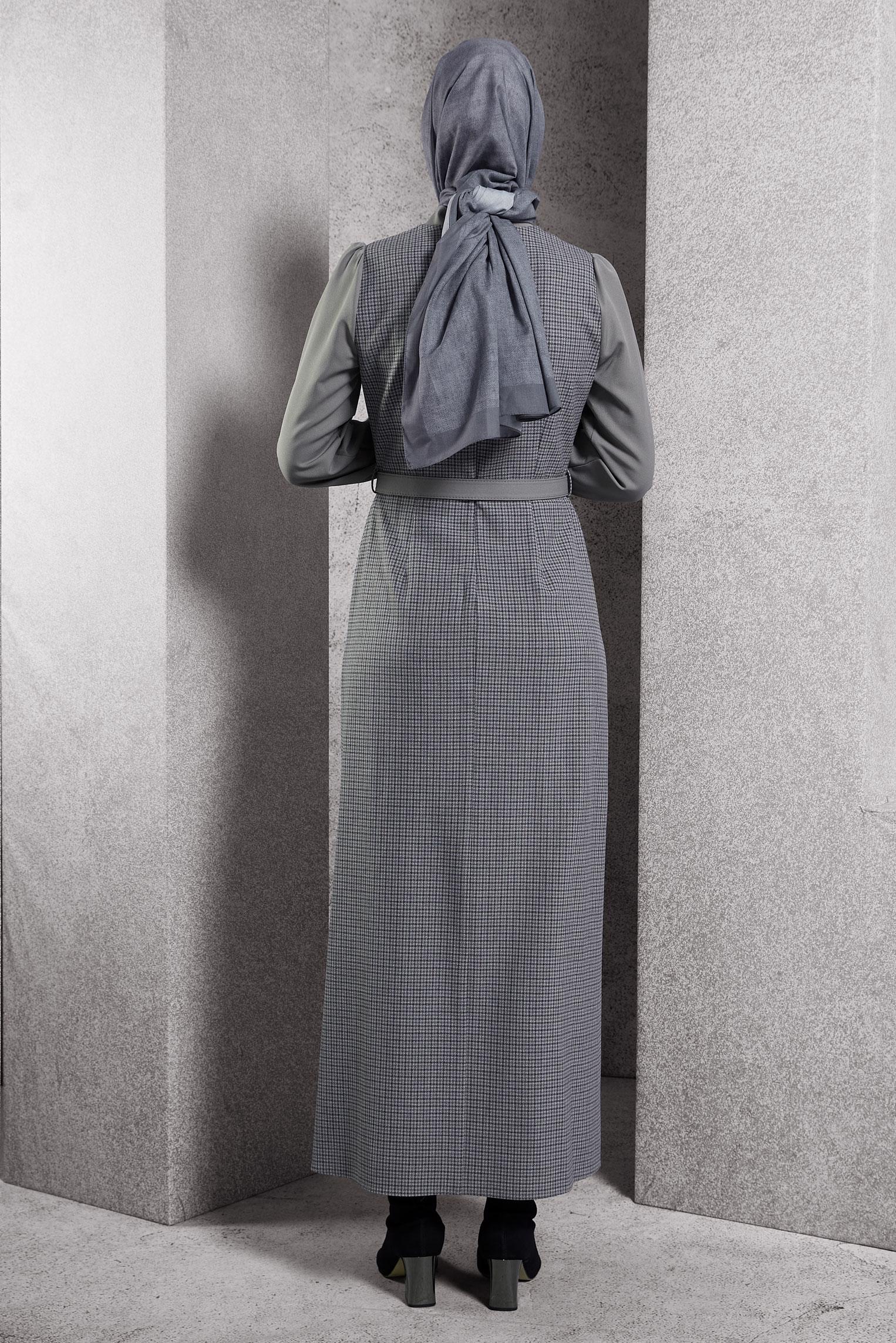 Tesettür giyim GRİ KEMERLİ ELBİSE 45190