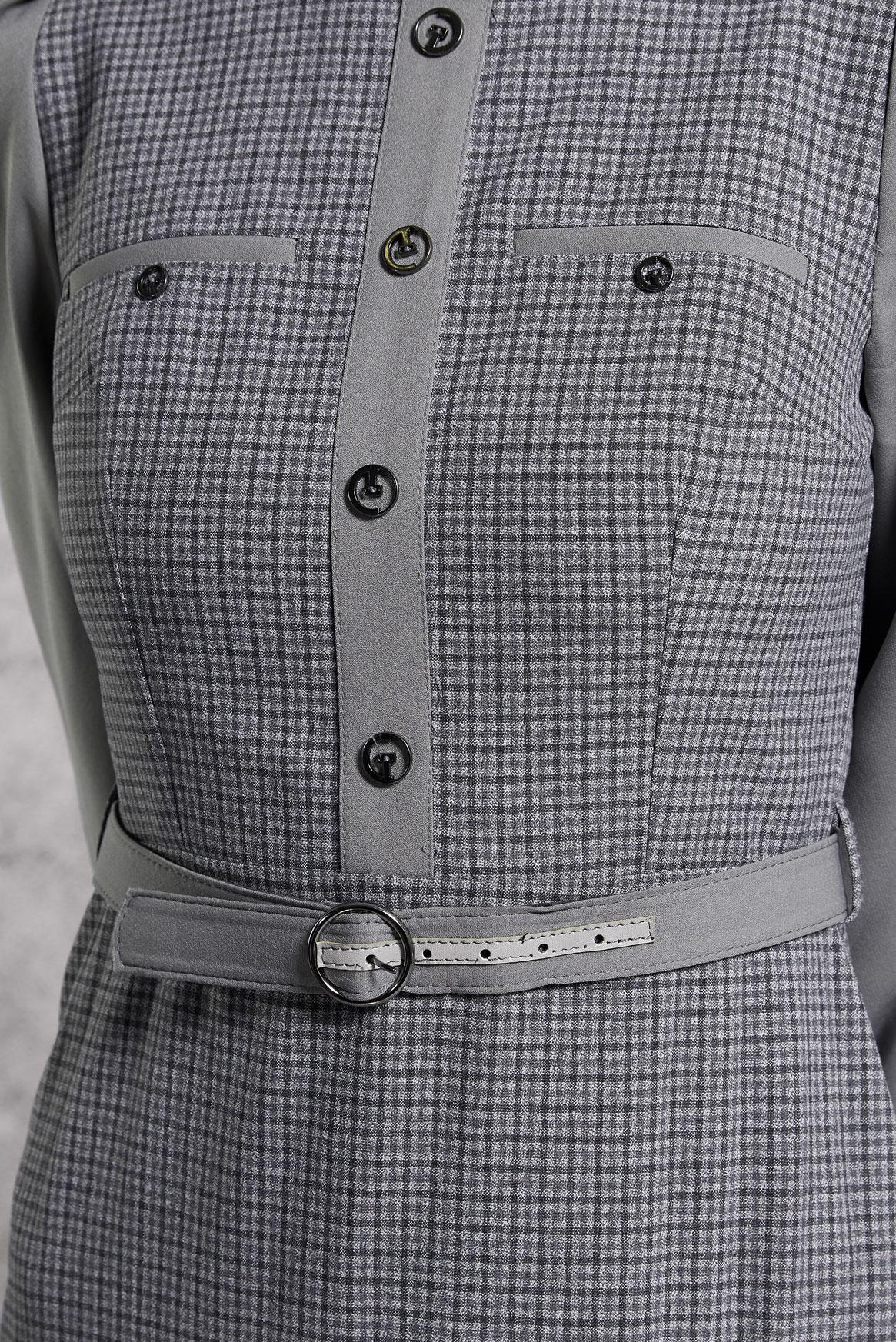 Tesettür giyim GRİ KEMERLİ ELBİSE 45190