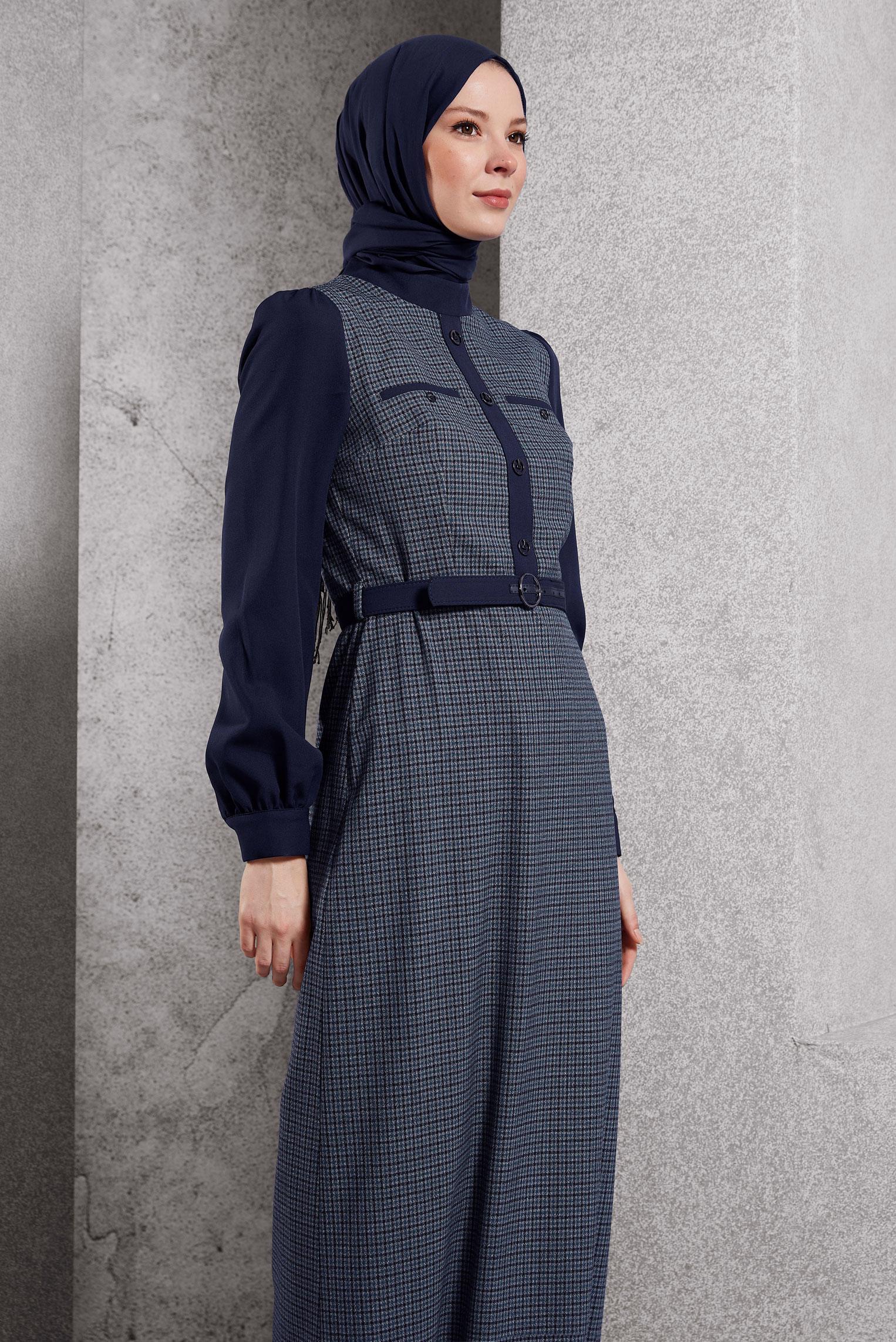 Tesettür giyim LACİVERT KEMERLİ ELBİSE 45190