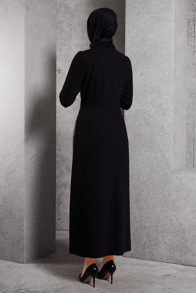 Vêtements hijab NOIR ROBE À DÉTAILS DE PIERRES PRÉCIEUSES 45191 - ALVİNA