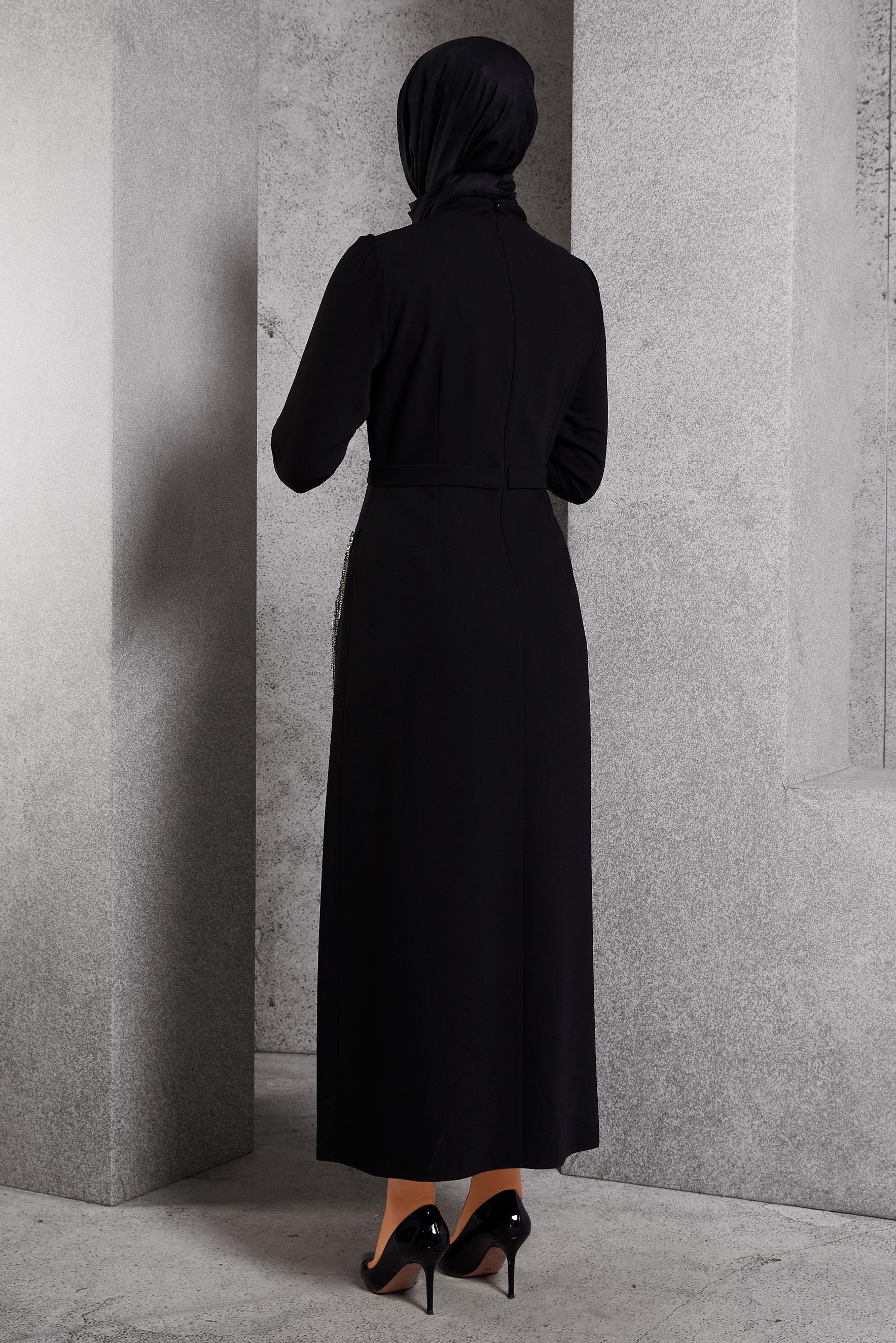 Tesettür giyim SİYAH TAŞ DETAYLI ELBİSE 45191