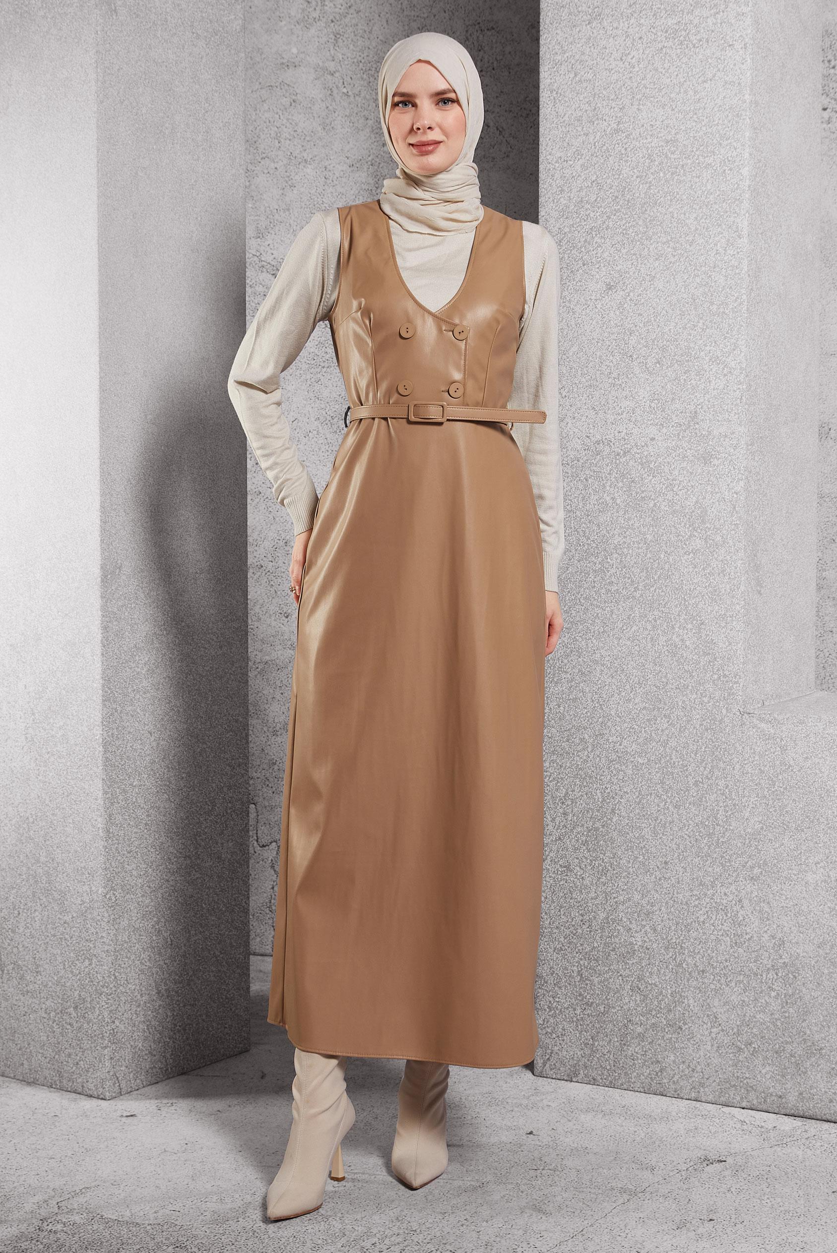 Tesettür giyim KAHVE KEMERLİ SUNİ DERİ JİLE ELBİSE 45216