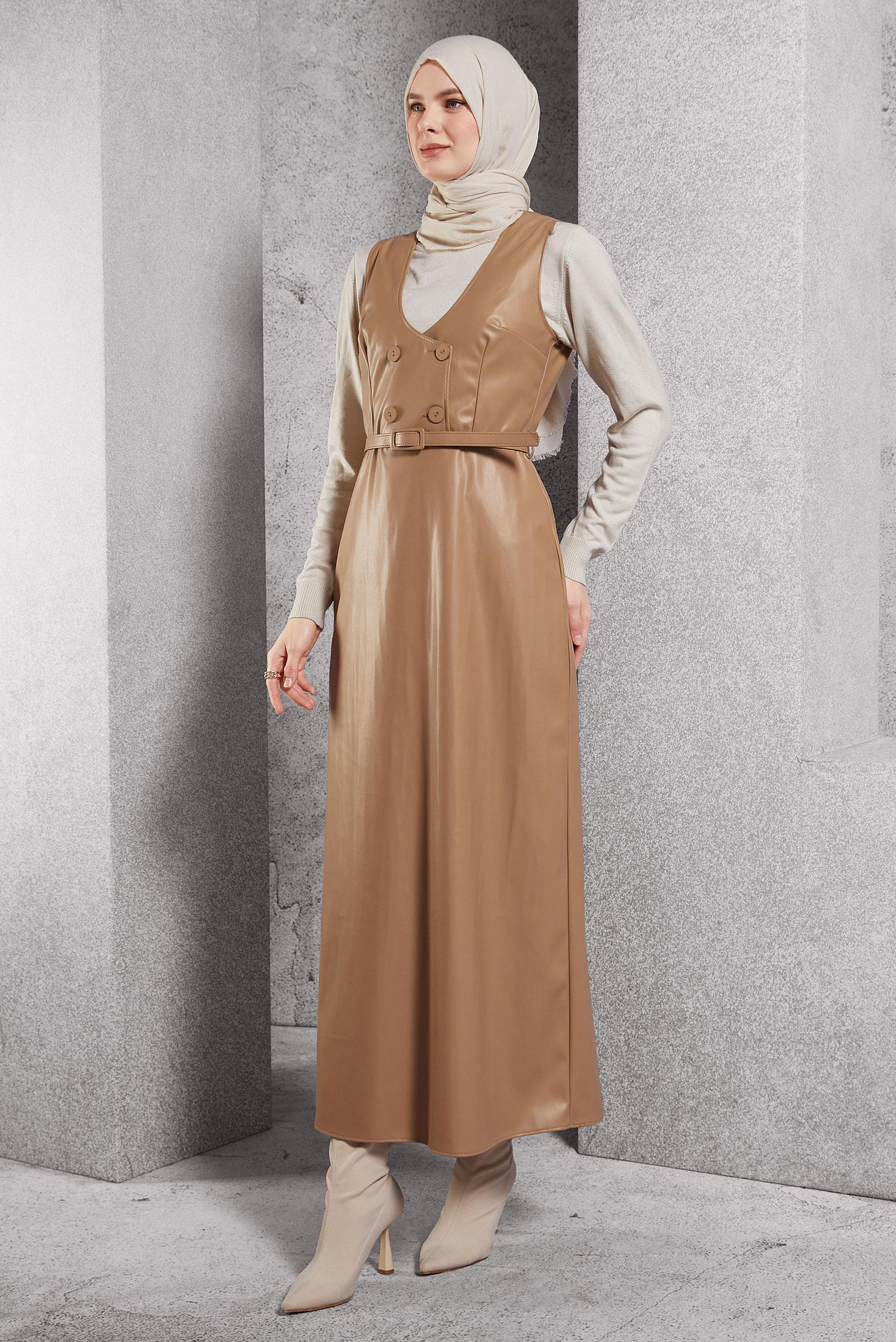 Tesettür giyim KAHVE KEMERLİ SUNİ DERİ JİLE ELBİSE 45216