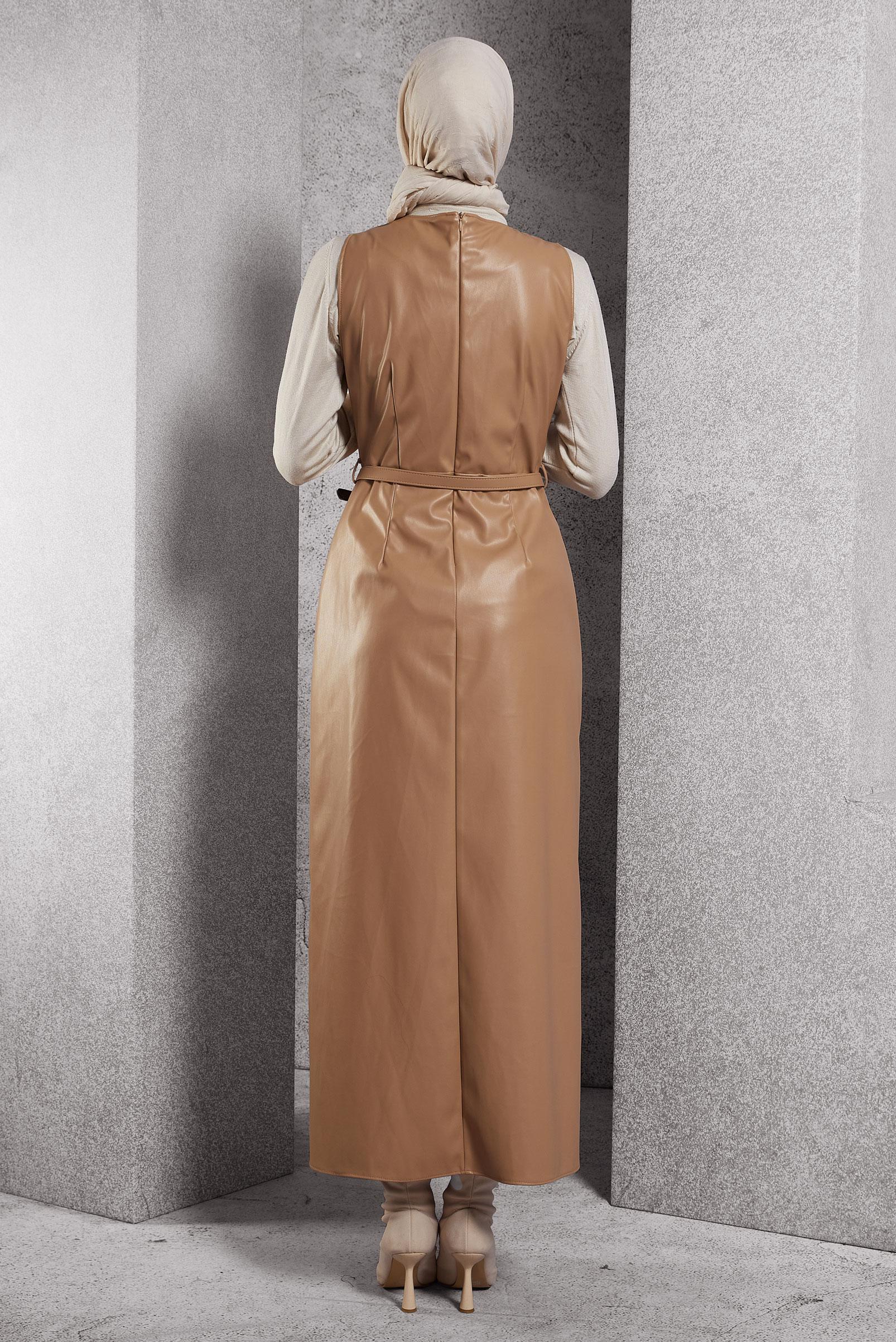 Tesettür giyim KAHVE KEMERLİ SUNİ DERİ JİLE ELBİSE 45216