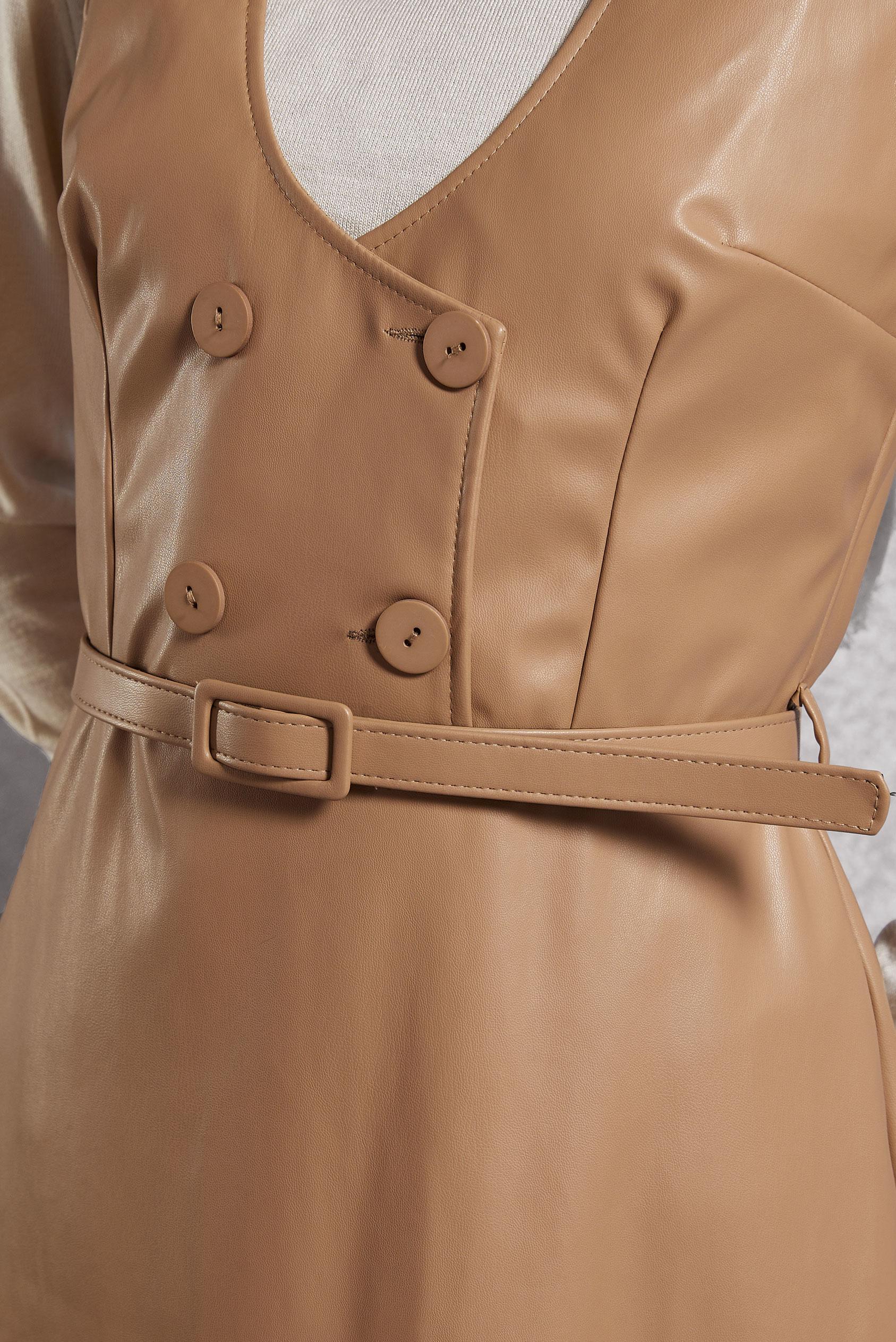 Tesettür giyim KAHVE KEMERLİ SUNİ DERİ JİLE ELBİSE 45216