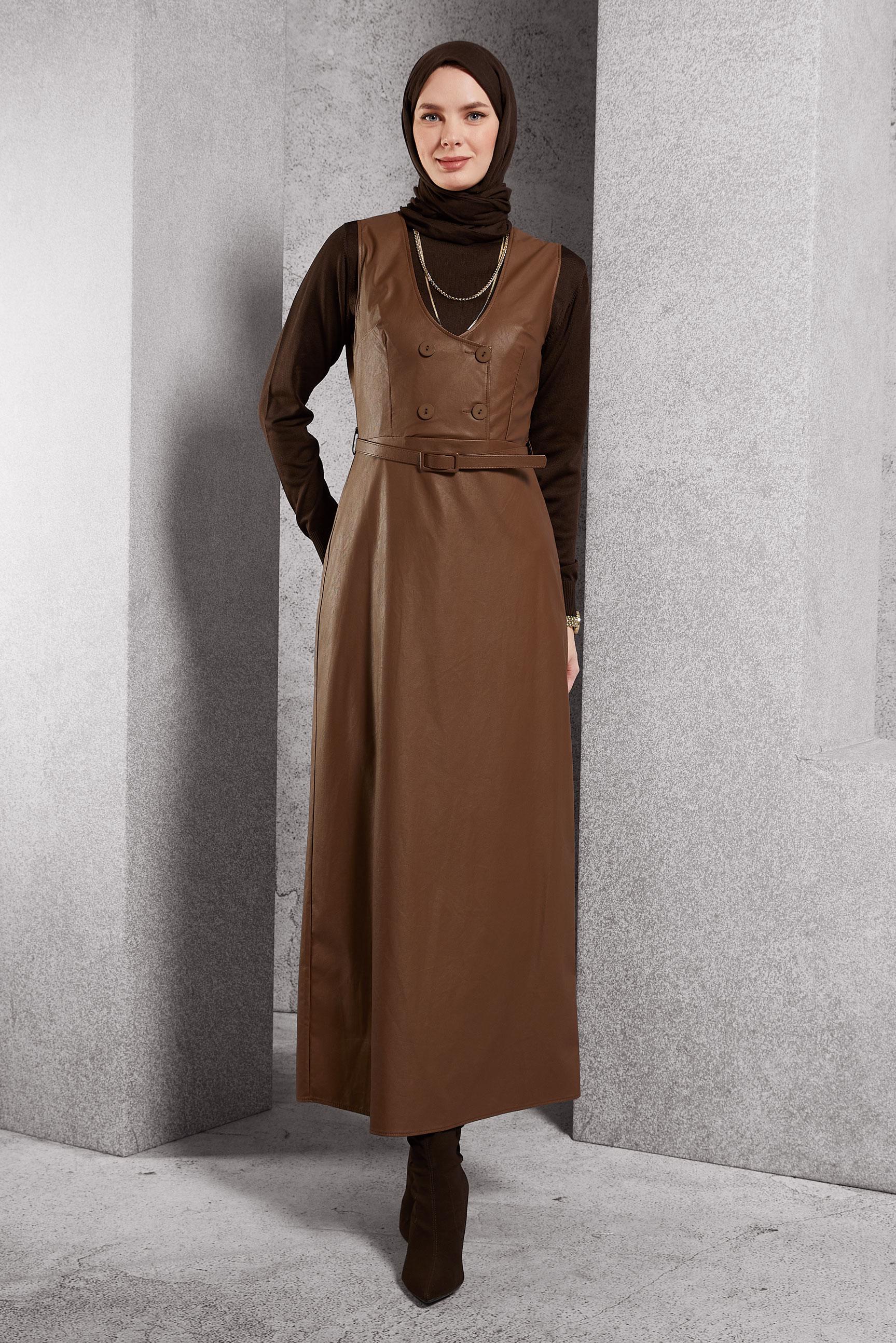 Tesettür giyim KAHVE KEMERLİ SUNİ DERİ JİLE ELBİSE 45216
