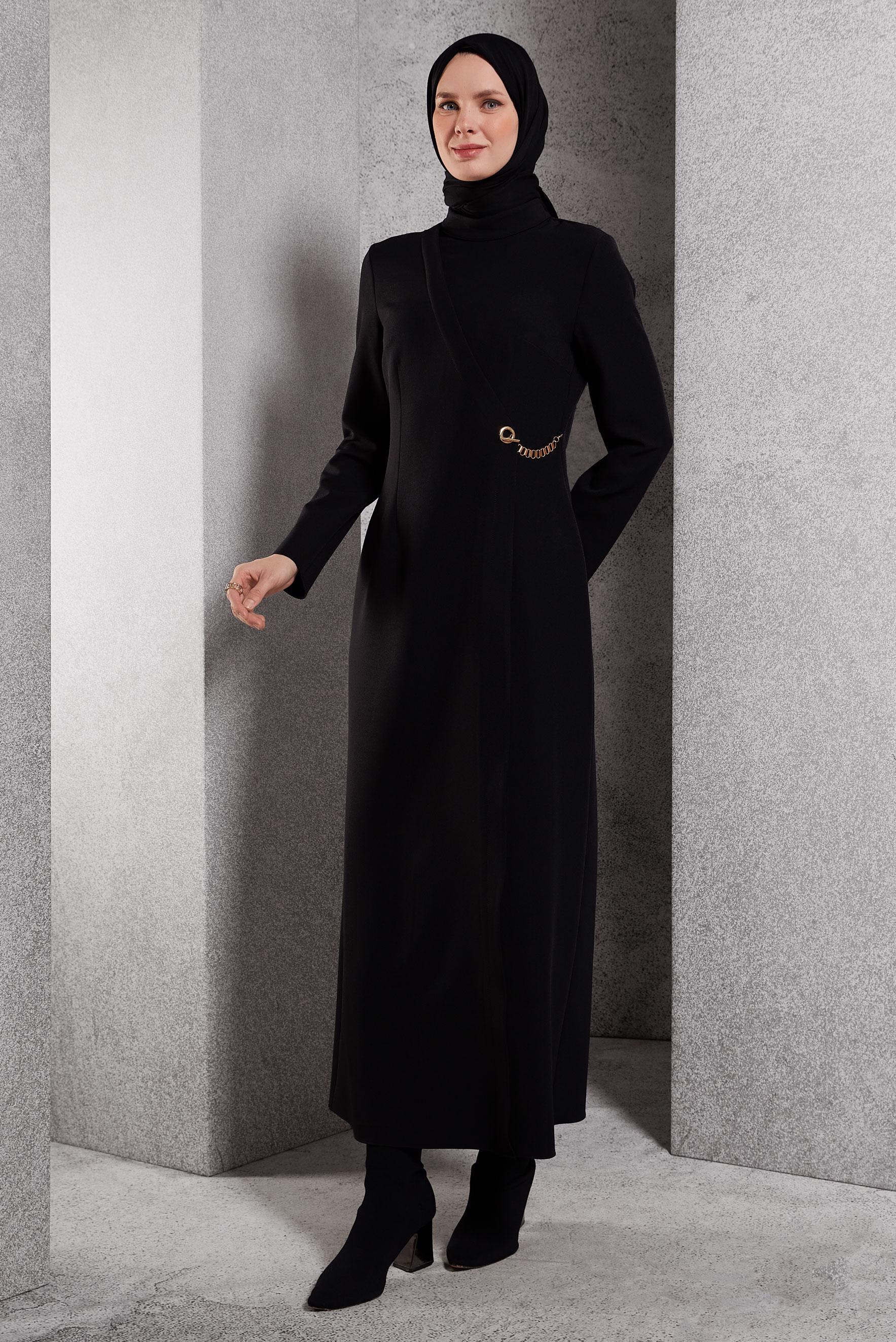 Tesettür giyim SİYAH ZİNCİR DETAYLI ELBİSE 45224