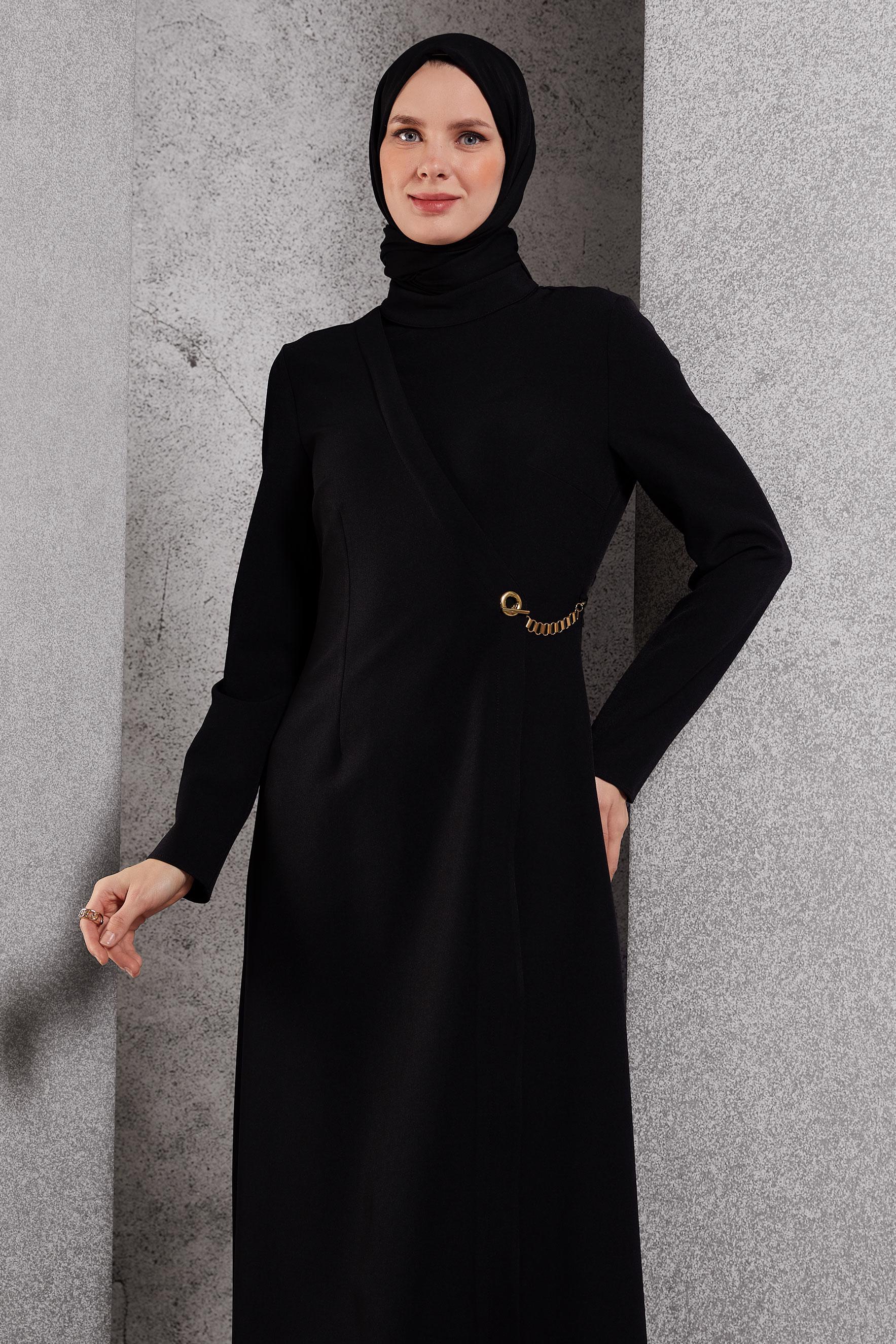 Tesettür giyim SİYAH ZİNCİR DETAYLI ELBİSE 45224