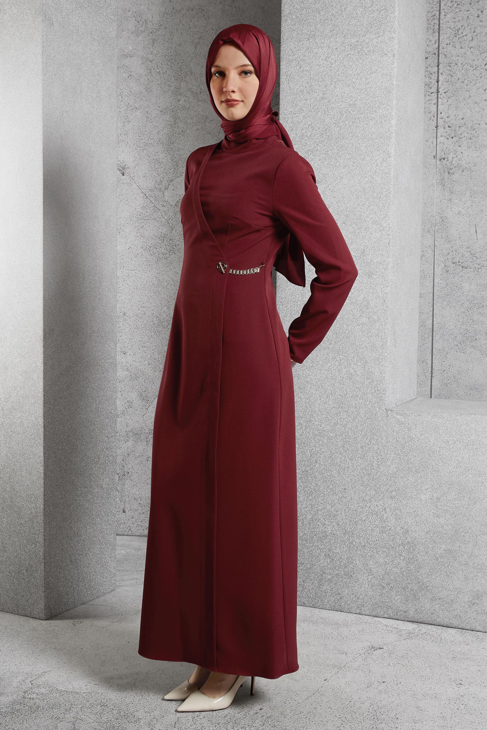 Vêtements hijab ROUGE BORDEAUX ROBE À DÉTAILS DE CHAÎNE 45224