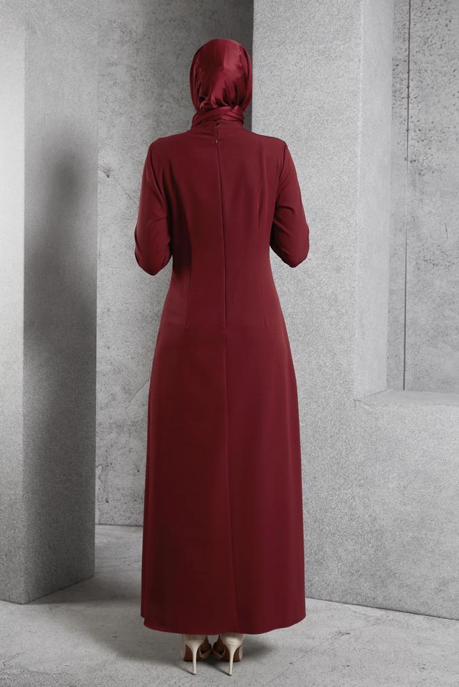 Vêtements hijab ROUGE BORDEAUX ROBE À DÉTAILS DE CHAÎNE 45224 - ALVİNA