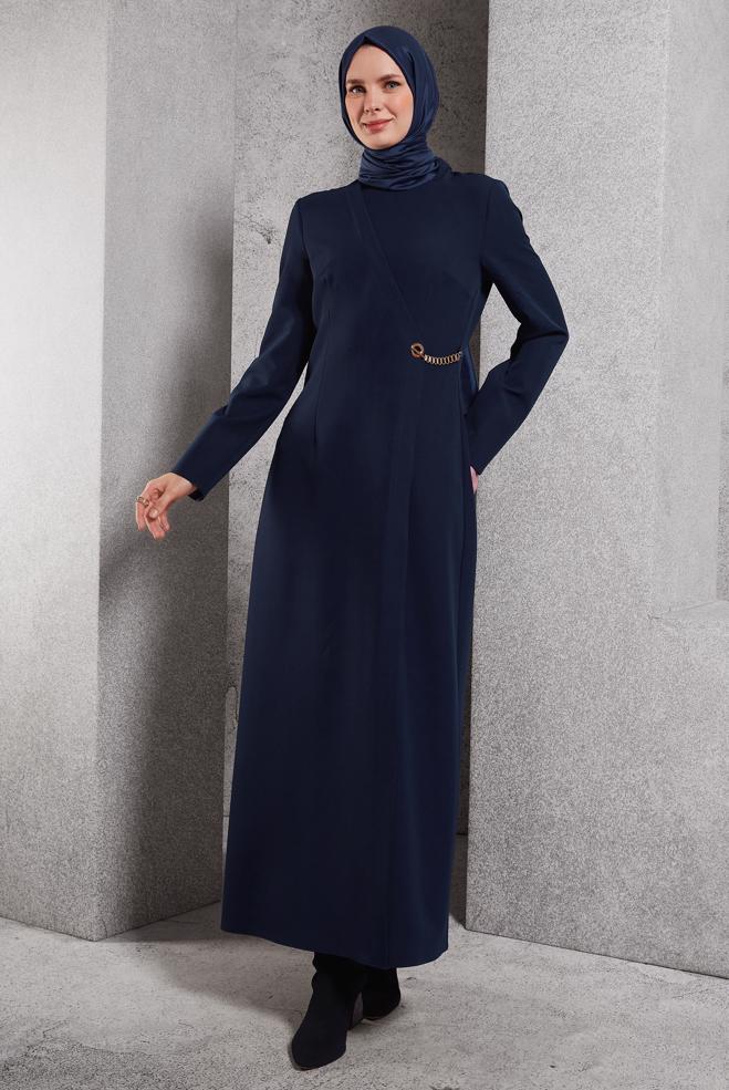 Vêtements hijab BLEU MARINE ROBE À DÉTAILS DE CHAÎNE 45224 - ALVİNA