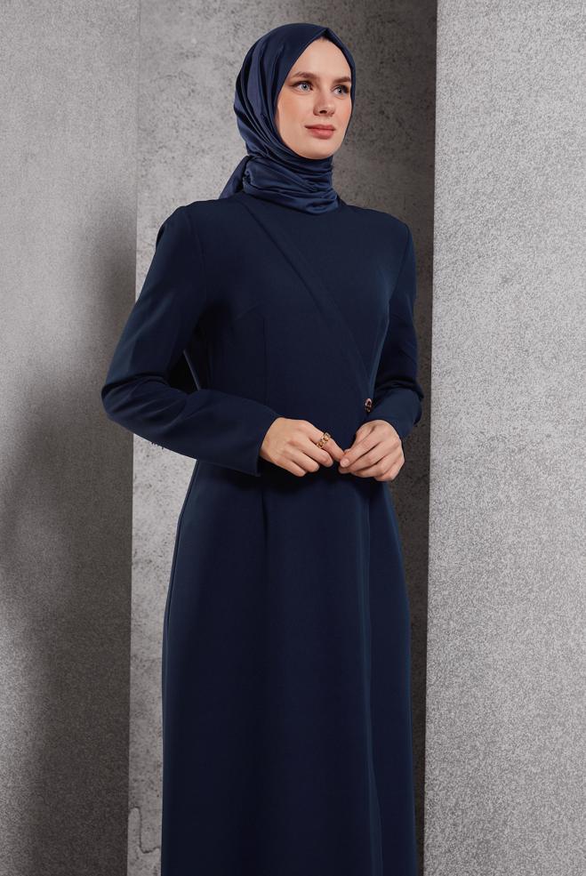 Vêtements hijab BLEU MARINE ROBE À DÉTAILS DE CHAÎNE 45224 - ALVİNA