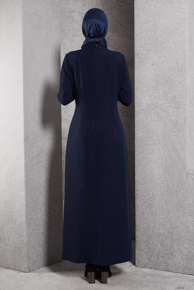 Vêtements hijab BLEU MARINE ROBE À DÉTAILS DE CHAÎNE 45224 - ALVİNA