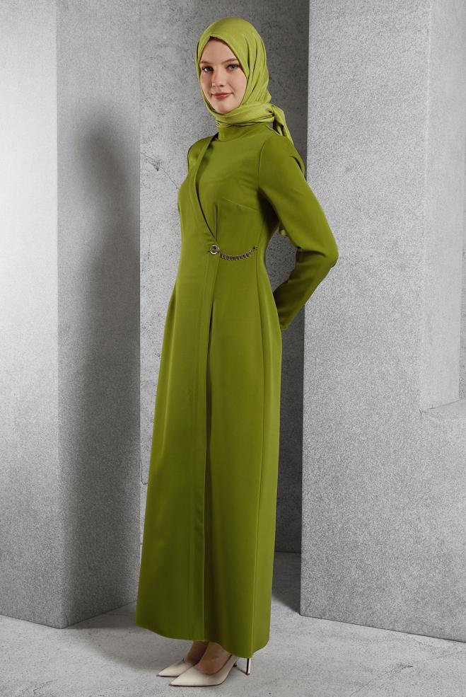 Vêtements hijab VERT ROBE À DÉTAILS DE CHAÎNE 45224 - ALVİNA