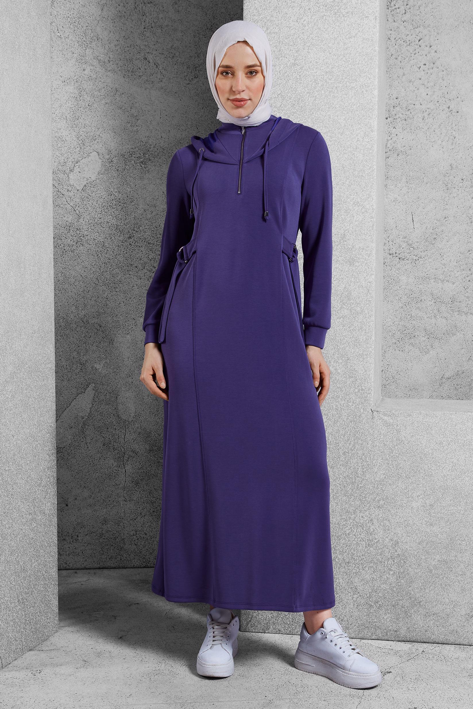Tesettür giyim MOR KAPÜŞONLU ELBİSE 45234