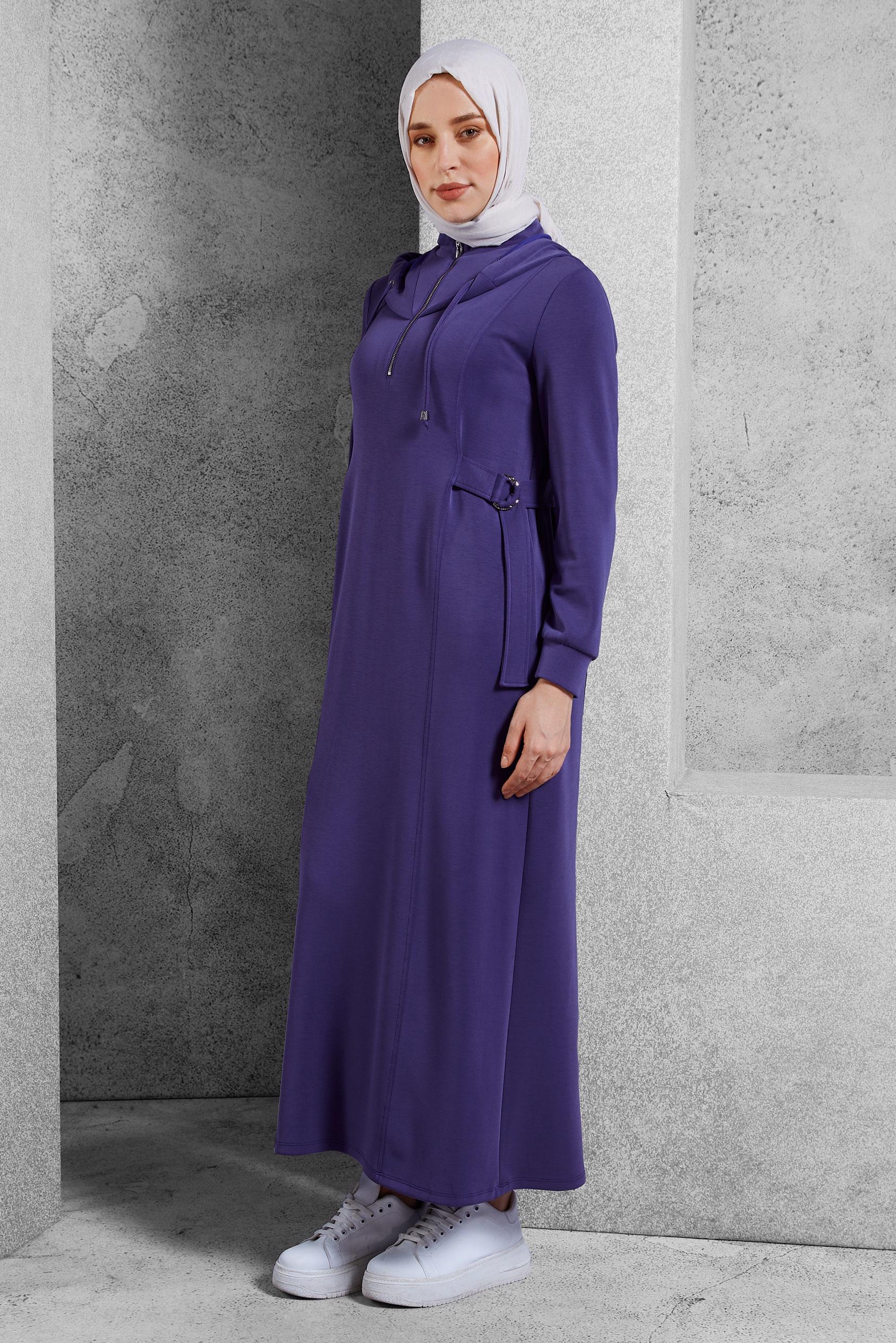 Tesettür giyim MOR KAPÜŞONLU ELBİSE 45234