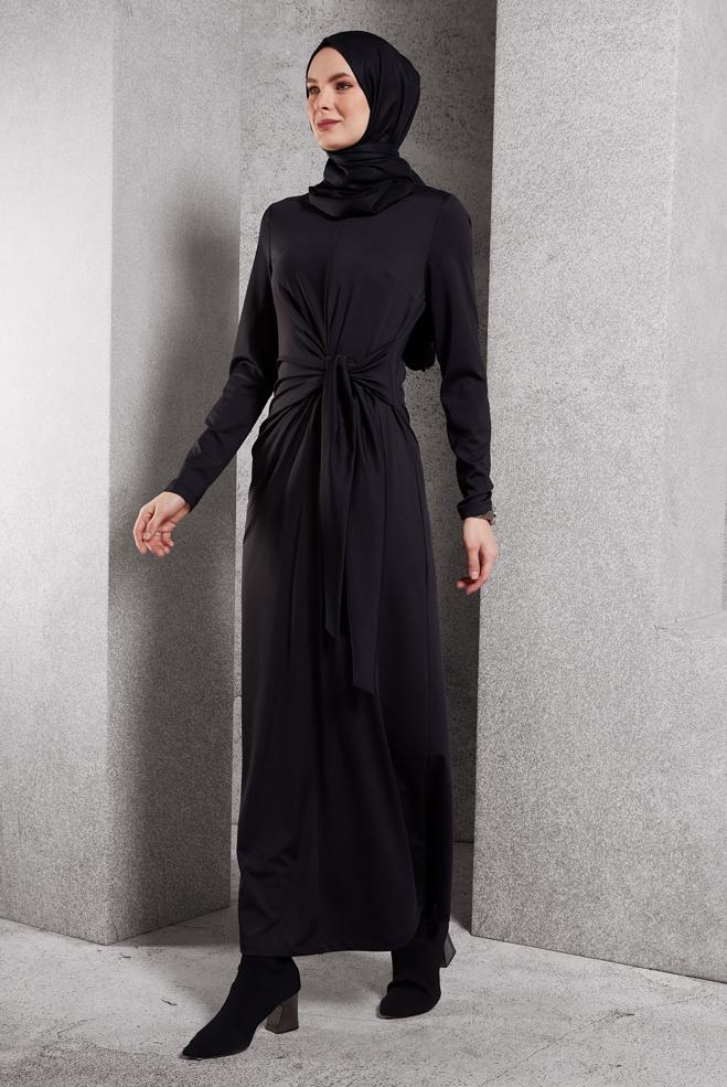 Vêtements hijab NOIR ROBE MODESTE NOUÉE 45235 - ALVİNA