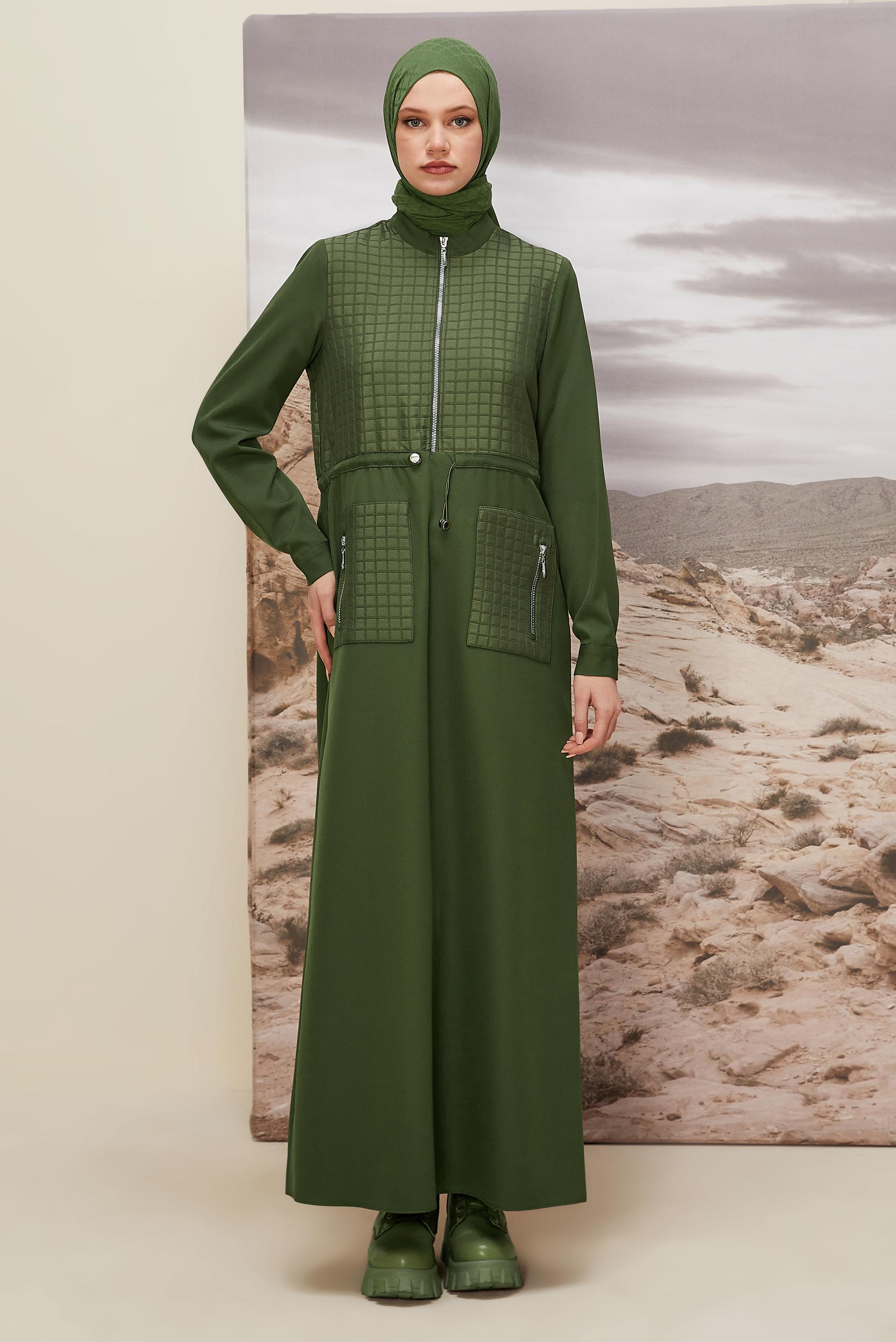 Tesettür giyim HAKİ BELİ BÜZGÜLÜ ELBİSE 45236