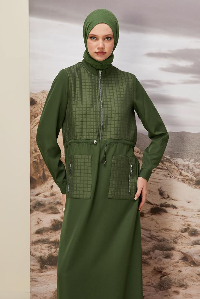 Hijab clothing KHAKI SMOCKING WAIST DRESS 45236 - ALVİNA
