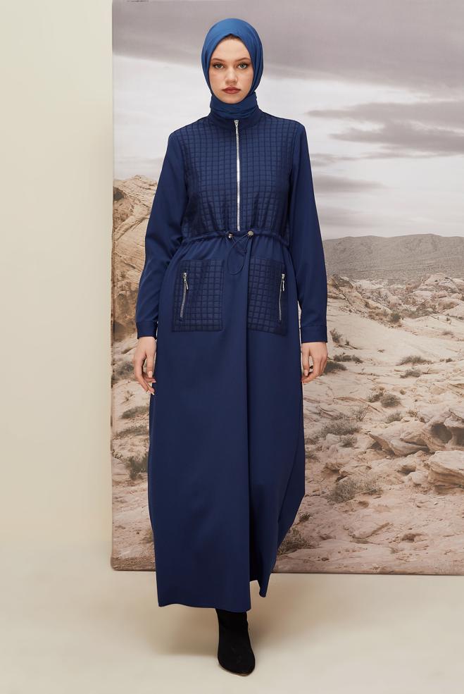 Hijab clothing NAVY BLUE SMOCKING WAIST DRESS 45236 - ALVİNA