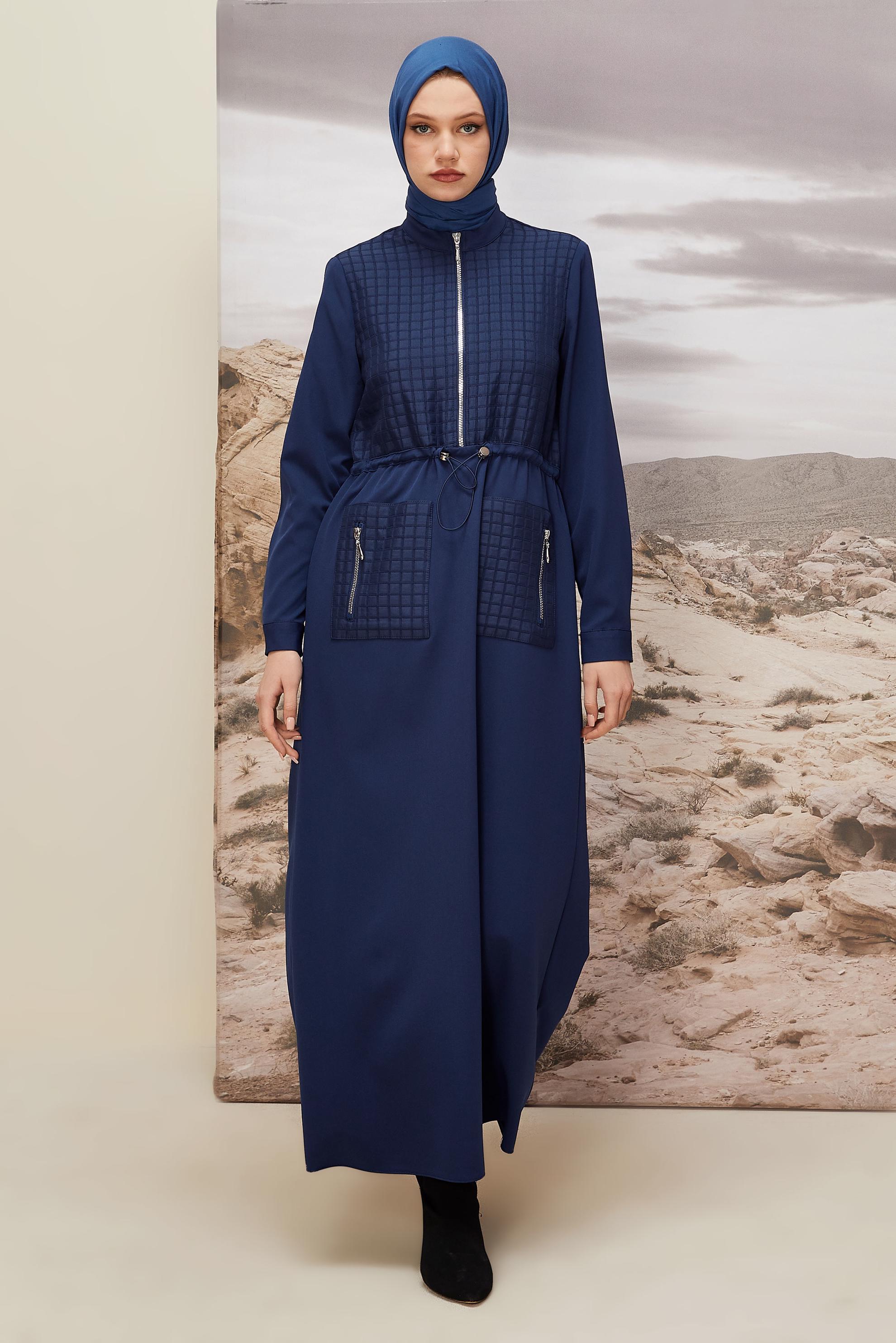 Tesettür giyim LACİVERT BELİ BÜZGÜLÜ ELBİSE 45236