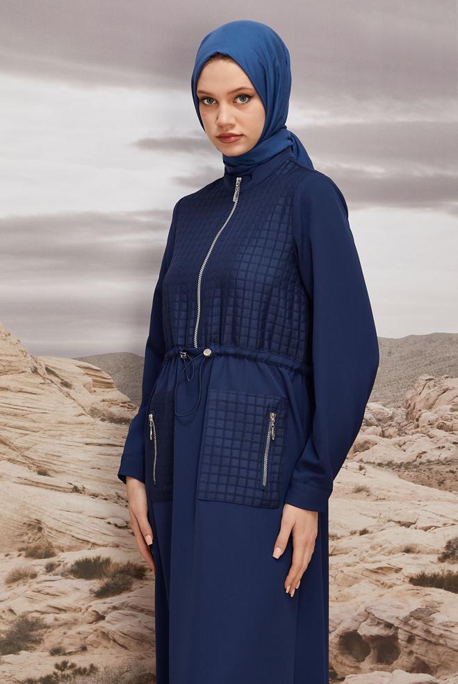 Hijab clothing NAVY BLUE SMOCKING WAIST DRESS 45236 - ALVİNA