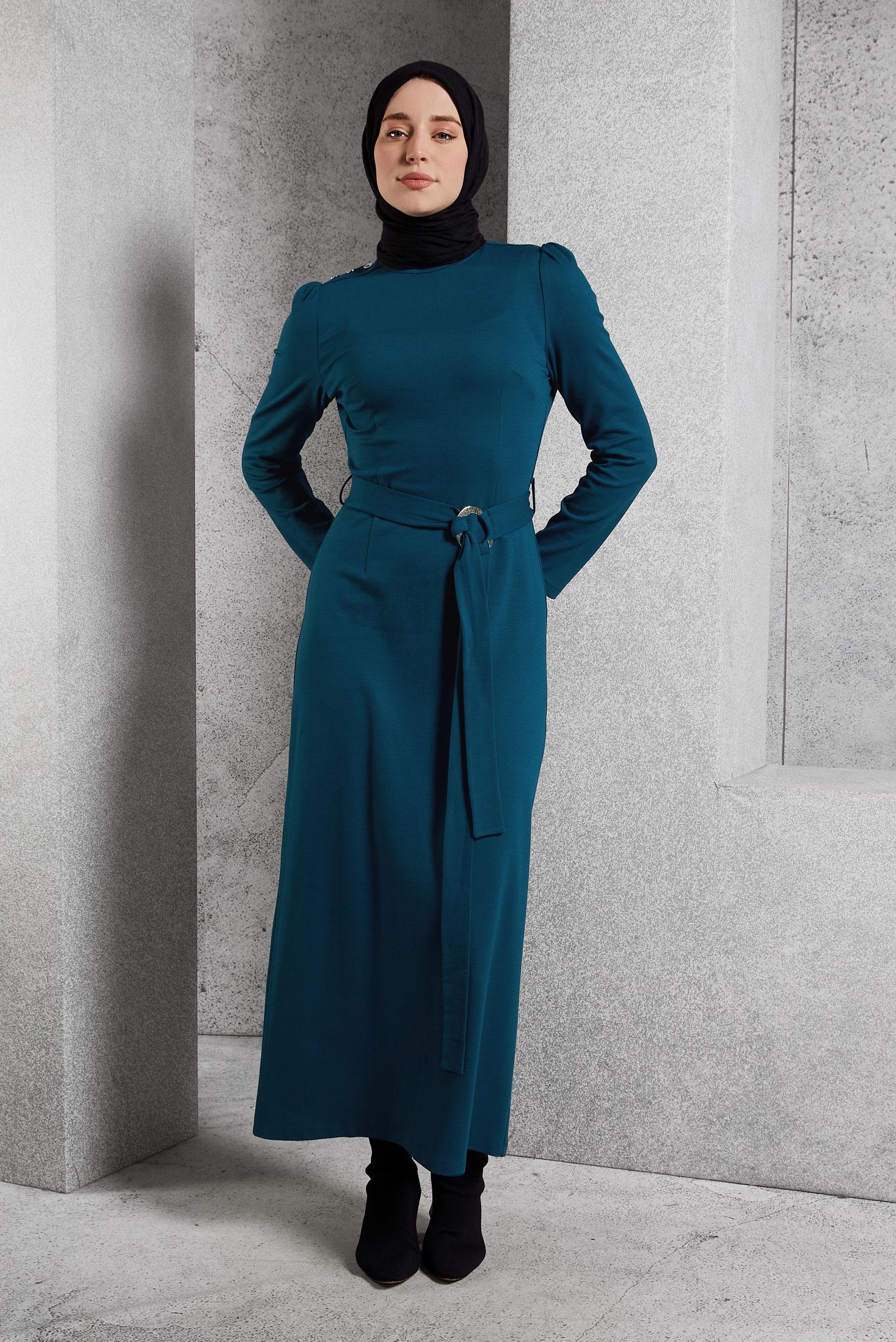 Vêtements hijab BLEU ROBE CEINTURE 45258