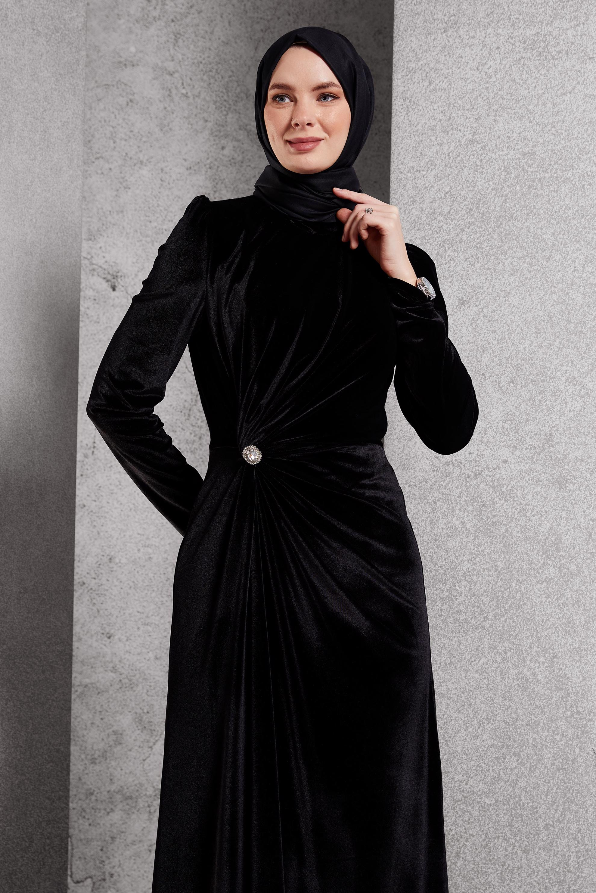 Tesettür giyim SİYAH KADİFE ELBİSE 45259