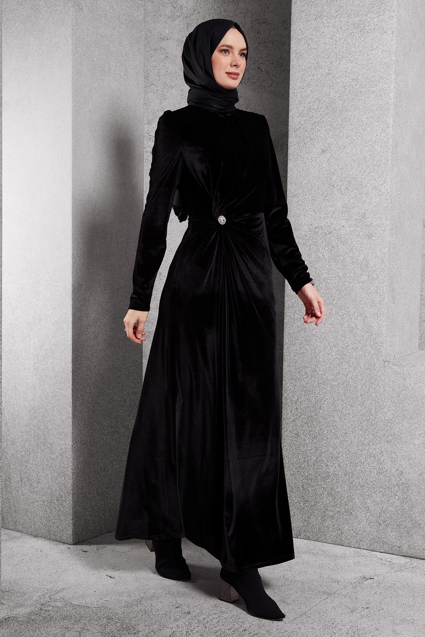 Tesettür giyim SİYAH KADİFE ELBİSE 45259