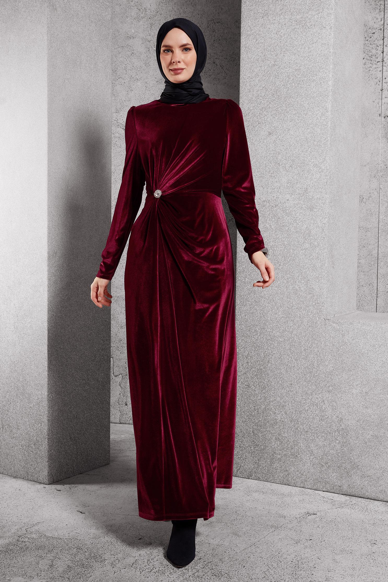 Vêtements hijab ROUGE BORDEAUX ROBE LONGUE EN VELOURS 45259