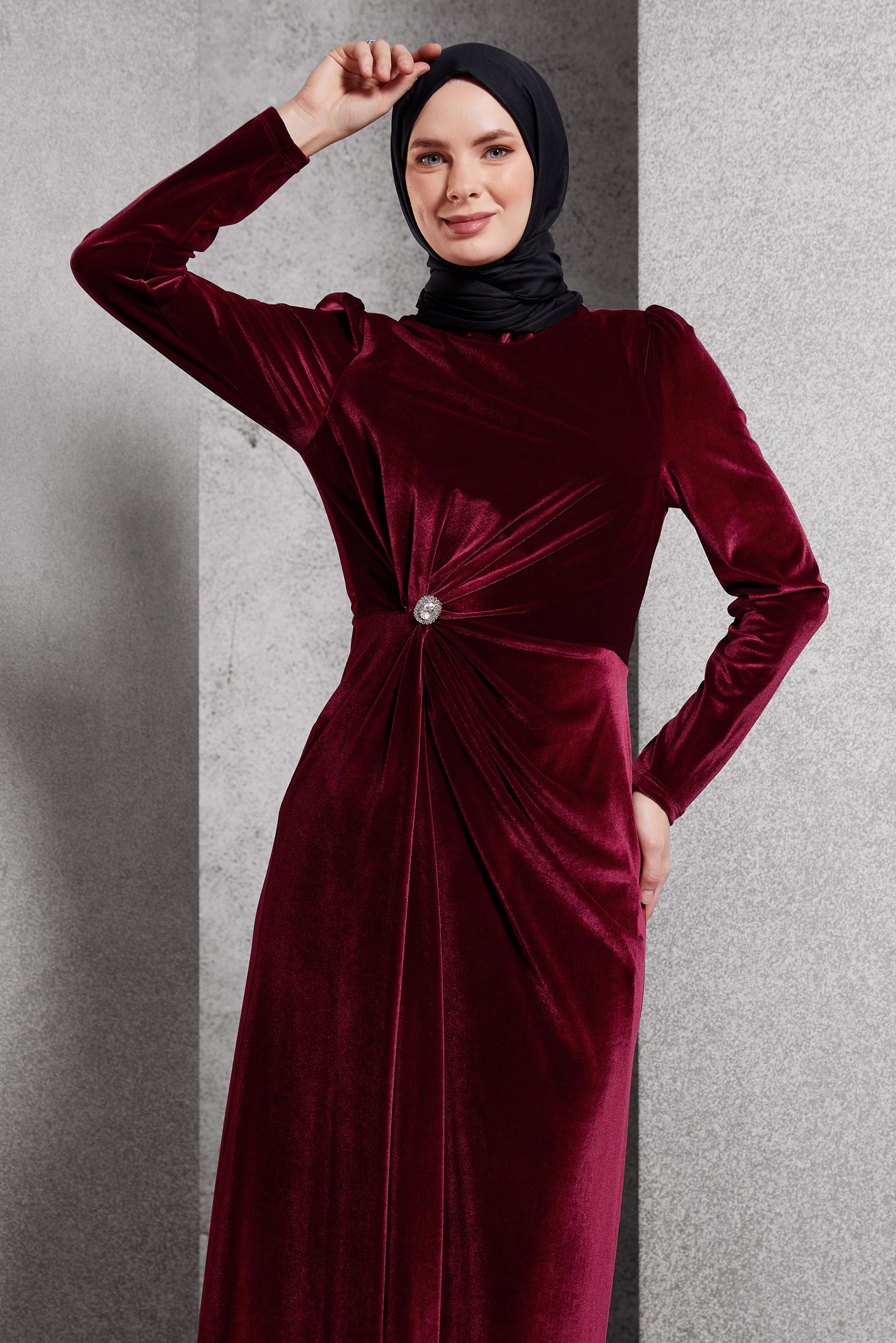 Vêtements hijab ROUGE BORDEAUX ROBE LONGUE EN VELOURS 45259