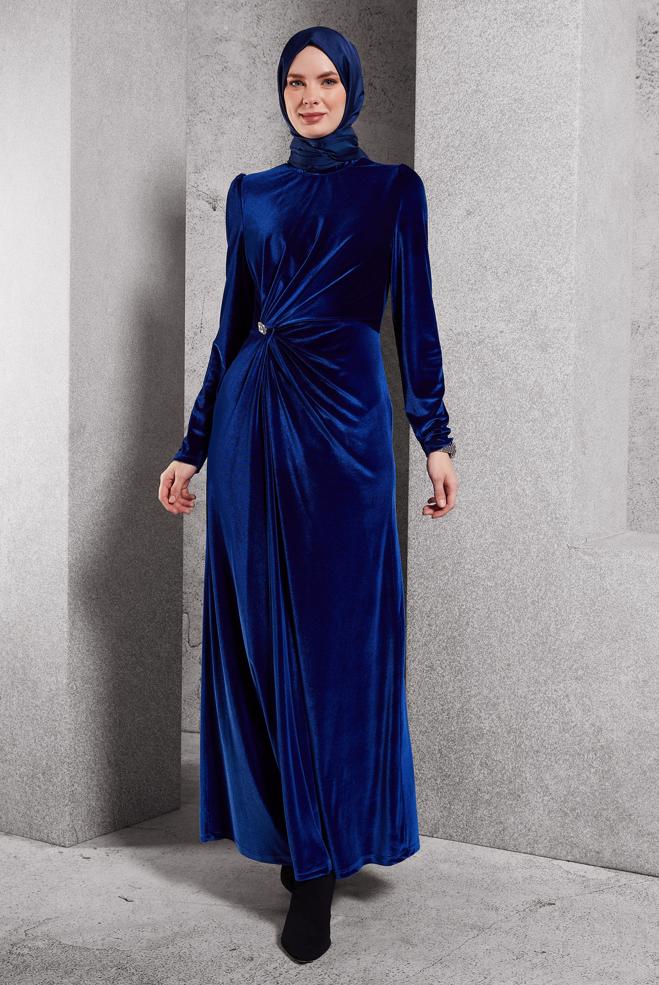 Tesettür giyim LACİVERT KADİFE ELBİSE 45259 - ALVİNA