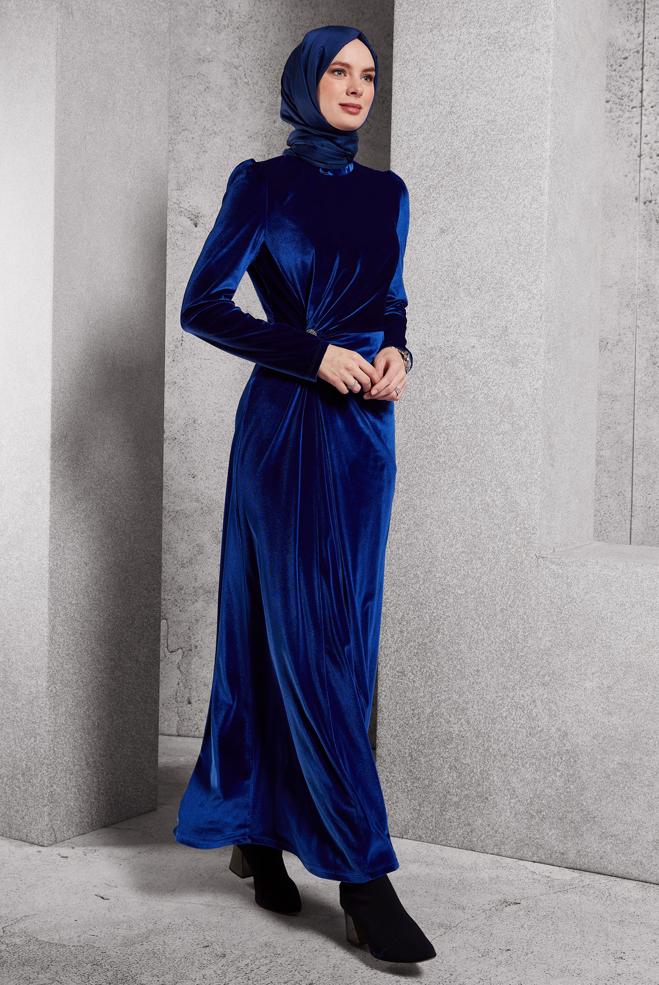 Tesettür giyim LACİVERT KADİFE ELBİSE 45259 - ALVİNA