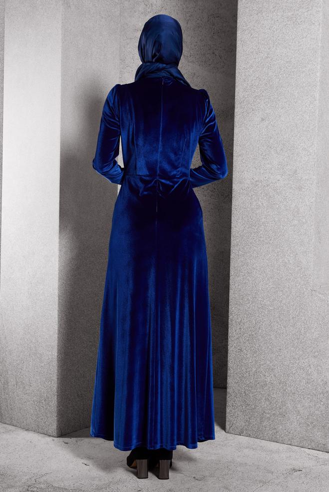 Tesettür giyim LACİVERT KADİFE ELBİSE 45259 - ALVİNA