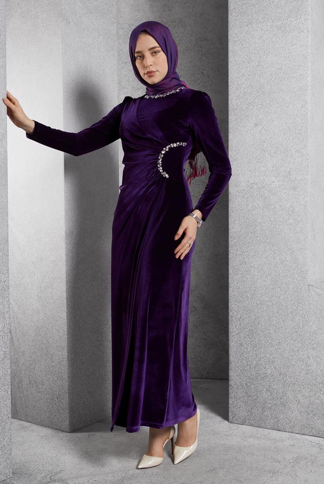 Vêtements hijab POURPRE ROBE BRODÉE DE PIERRES PRÉCIEUSES 45260 - ALVİNA