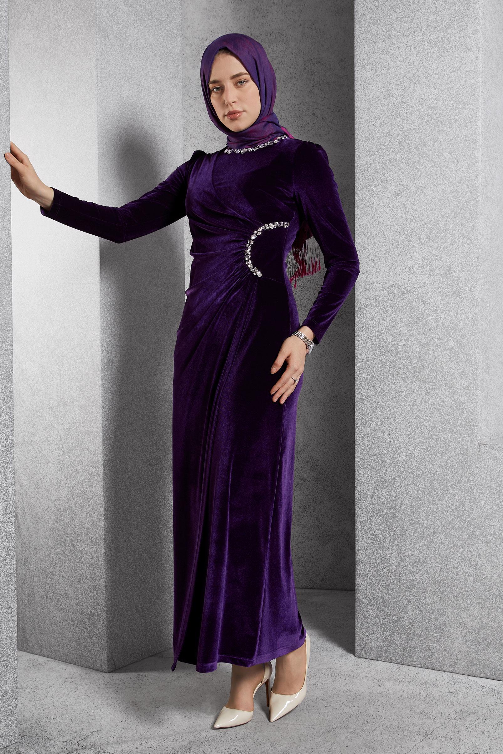 Vêtements hijab POURPRE ROBE BRODÉE DE PIERRES PRÉCIEUSES 45260