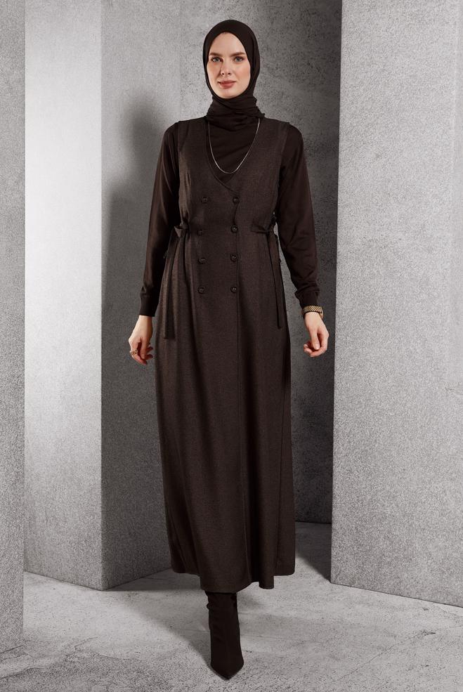 Hijab clothing BROWN BELTED PINAFORE DRESS 45279 - ALVİNA