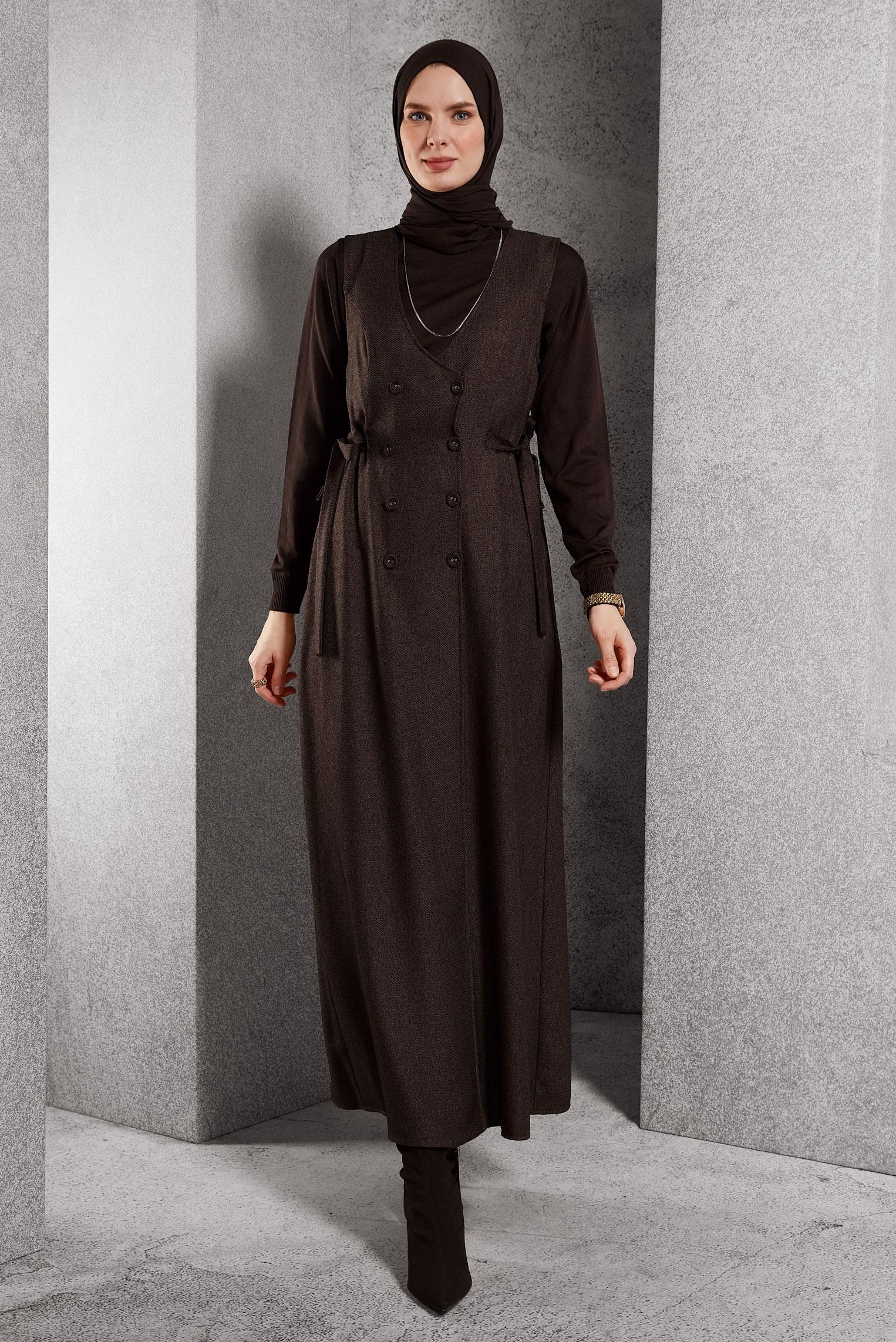 Vêtements hijab BRUN ROBE SALOPETTE CEINTURÉE 45279