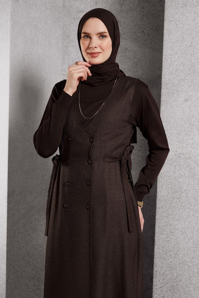 Hijab clothing BROWN BELTED PINAFORE DRESS 45279 - ALVİNA