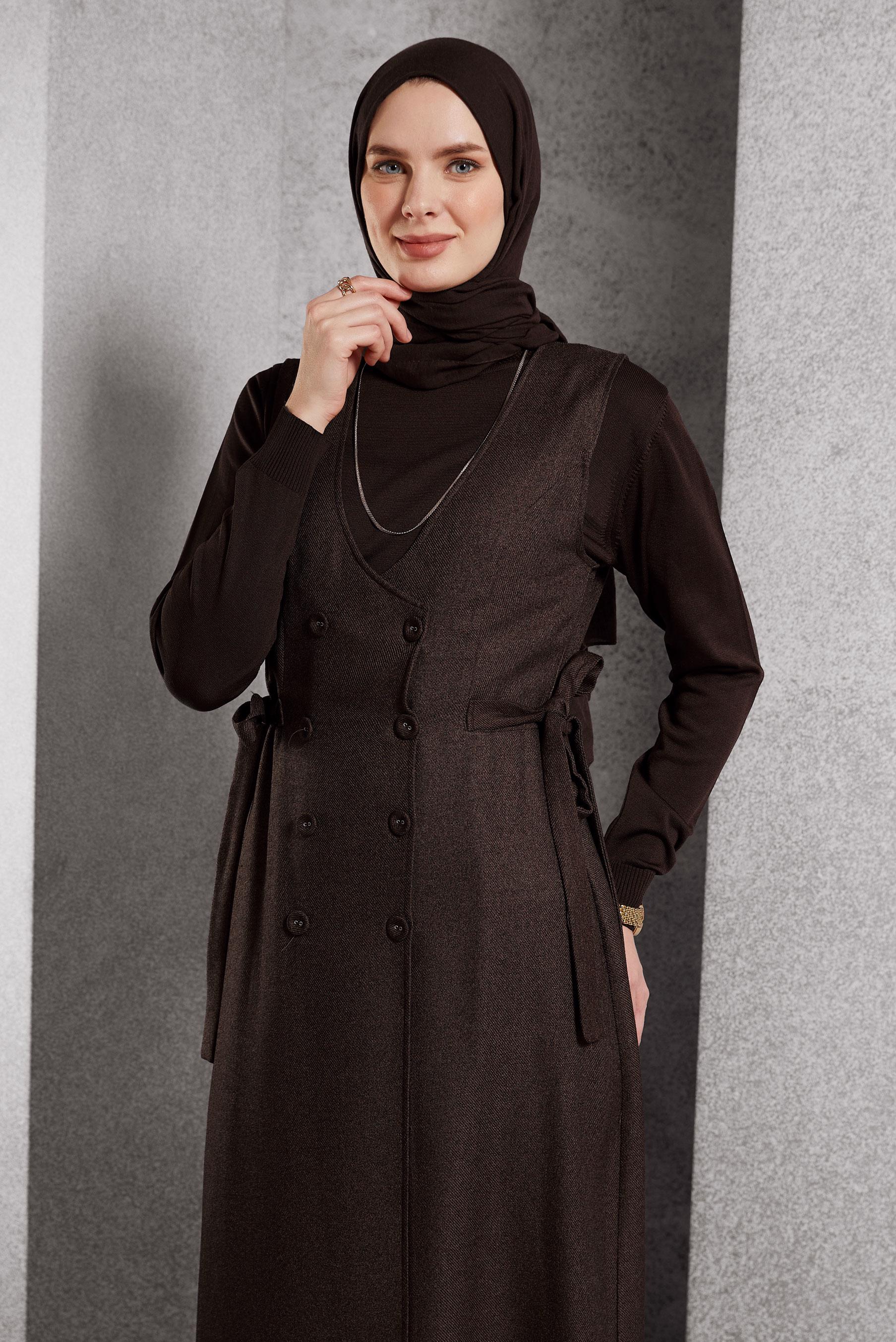 Vêtements hijab BRUN ROBE SALOPETTE CEINTURÉE 45279
