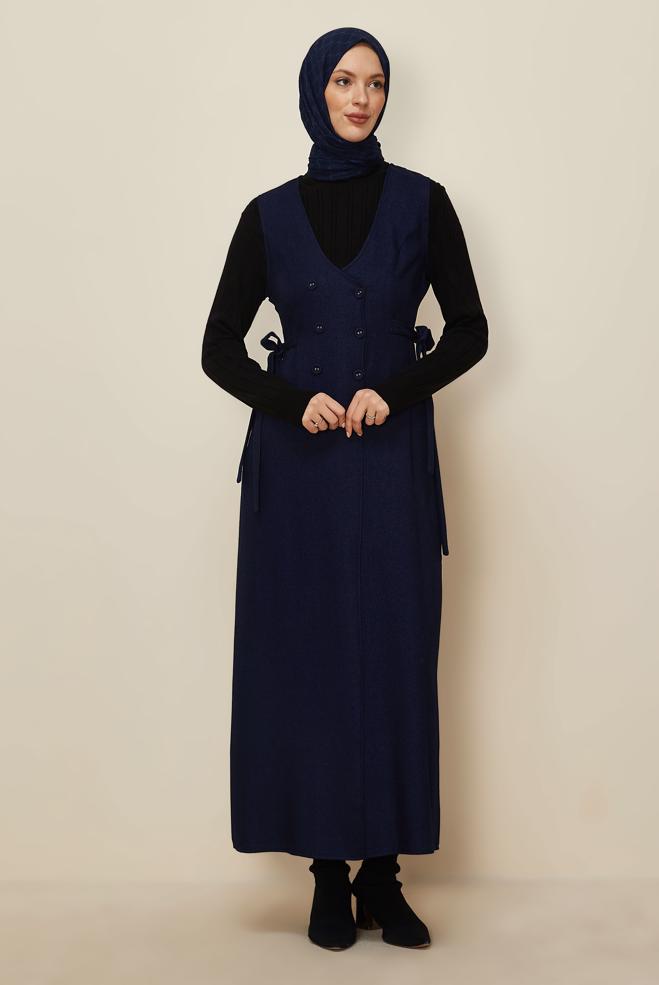 Tesettür giyim LACİVERT KUŞAKLI JİLE ELBİSE 45279 - ALVİNA