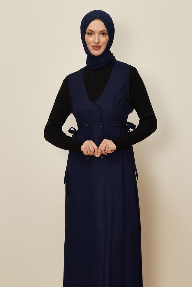 Tesettür giyim LACİVERT KUŞAKLI JİLE ELBİSE 45279 - ALVİNA