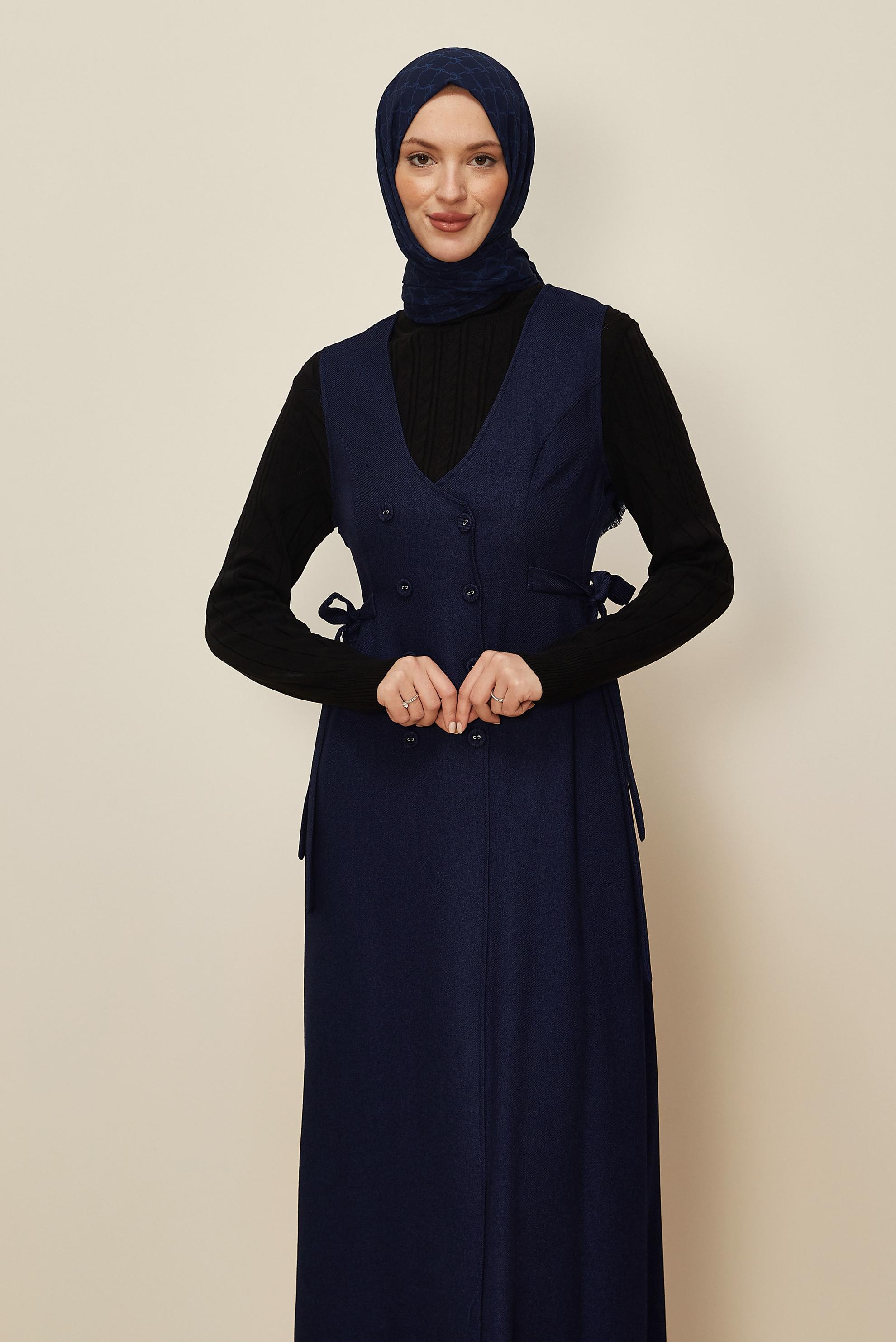 Tesettür giyim LACİVERT KUŞAKLI JİLE ELBİSE 45279