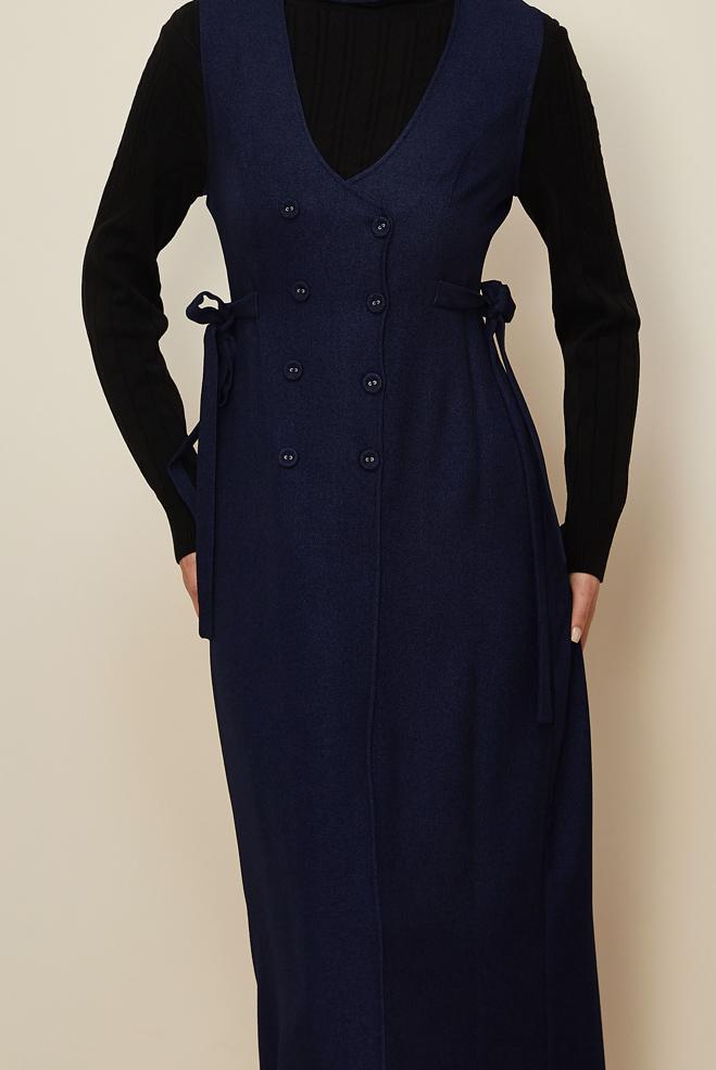 Tesettür giyim LACİVERT KUŞAKLI JİLE ELBİSE 45279 - ALVİNA