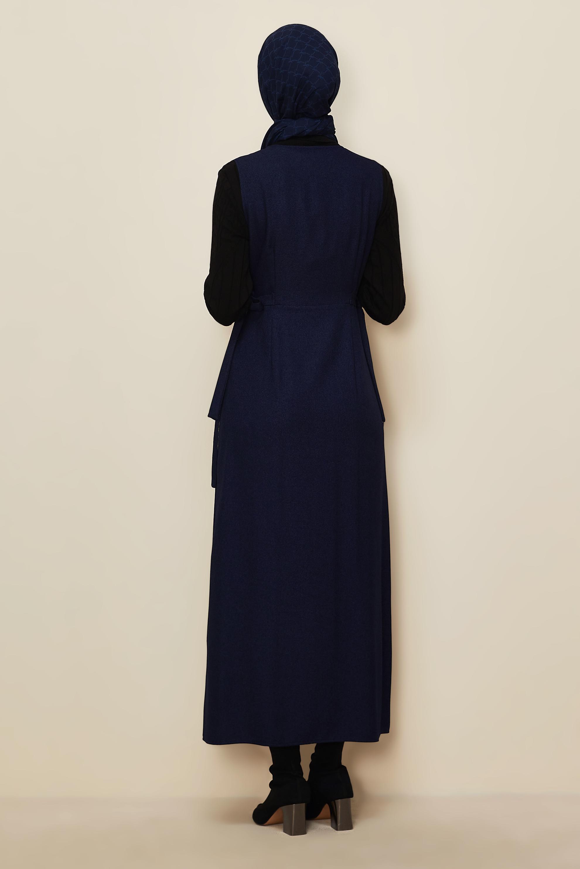 Tesettür giyim LACİVERT KUŞAKLI JİLE ELBİSE 45279