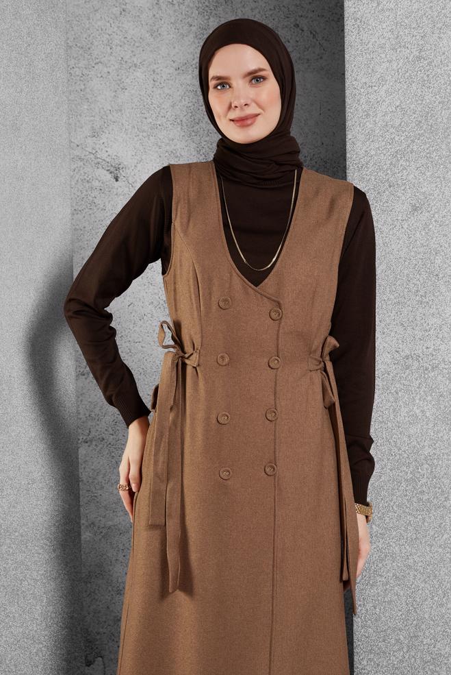 Tesettür giyim TABA KUŞAKLI JİLE ELBİSE 45279 - ALVİNA